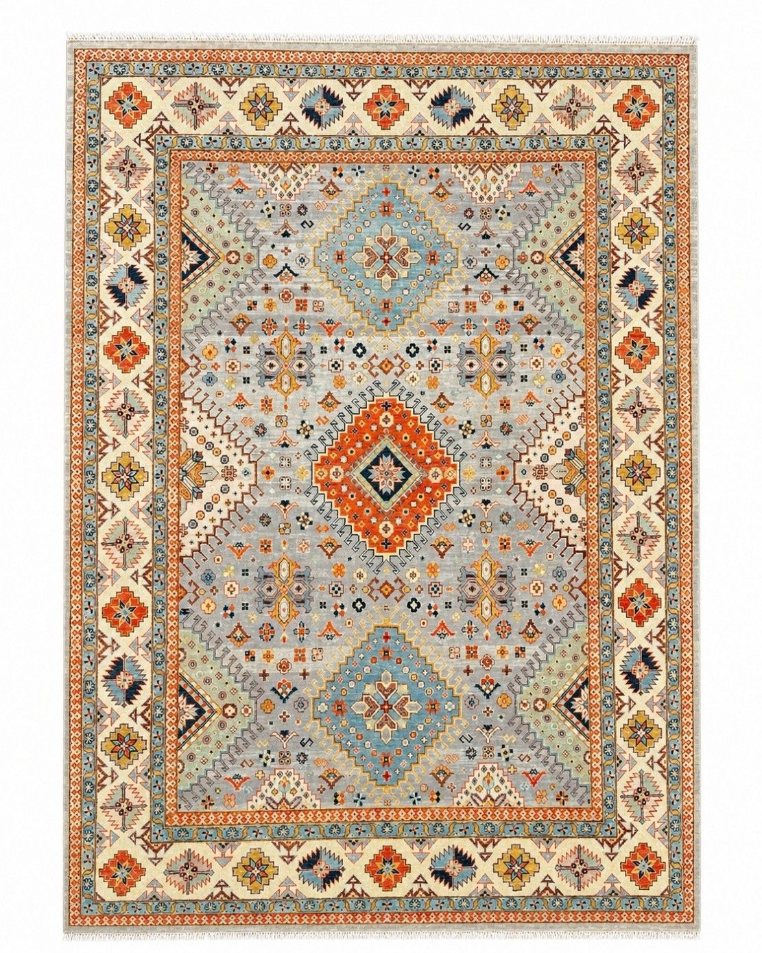 Tapis en laine noué à la main, motif médaillon géométrique bleu, 245 x 305 cm (8 x 10 ft), moderne