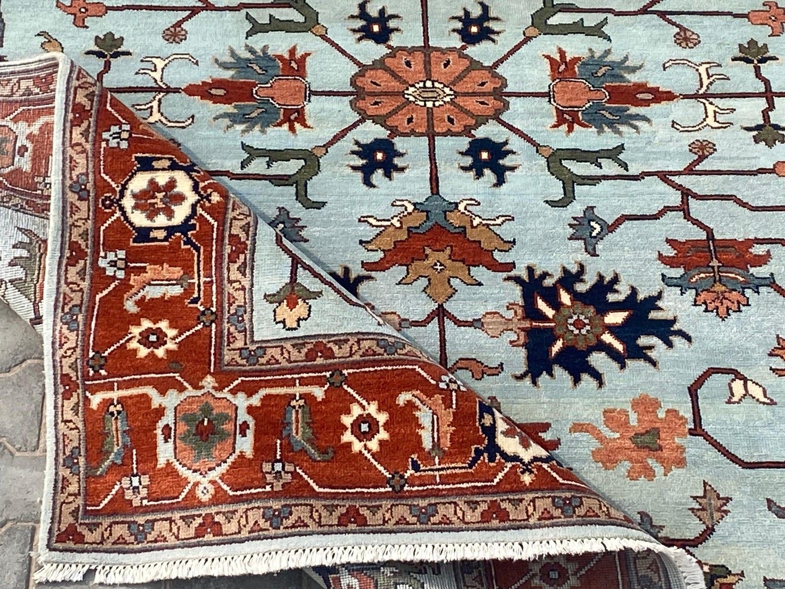 8x10 Ft Handgeknoopt Oushak Vloerkleed voor Woonkamer, Blauw Bloemmotief Tapijt photo vintage