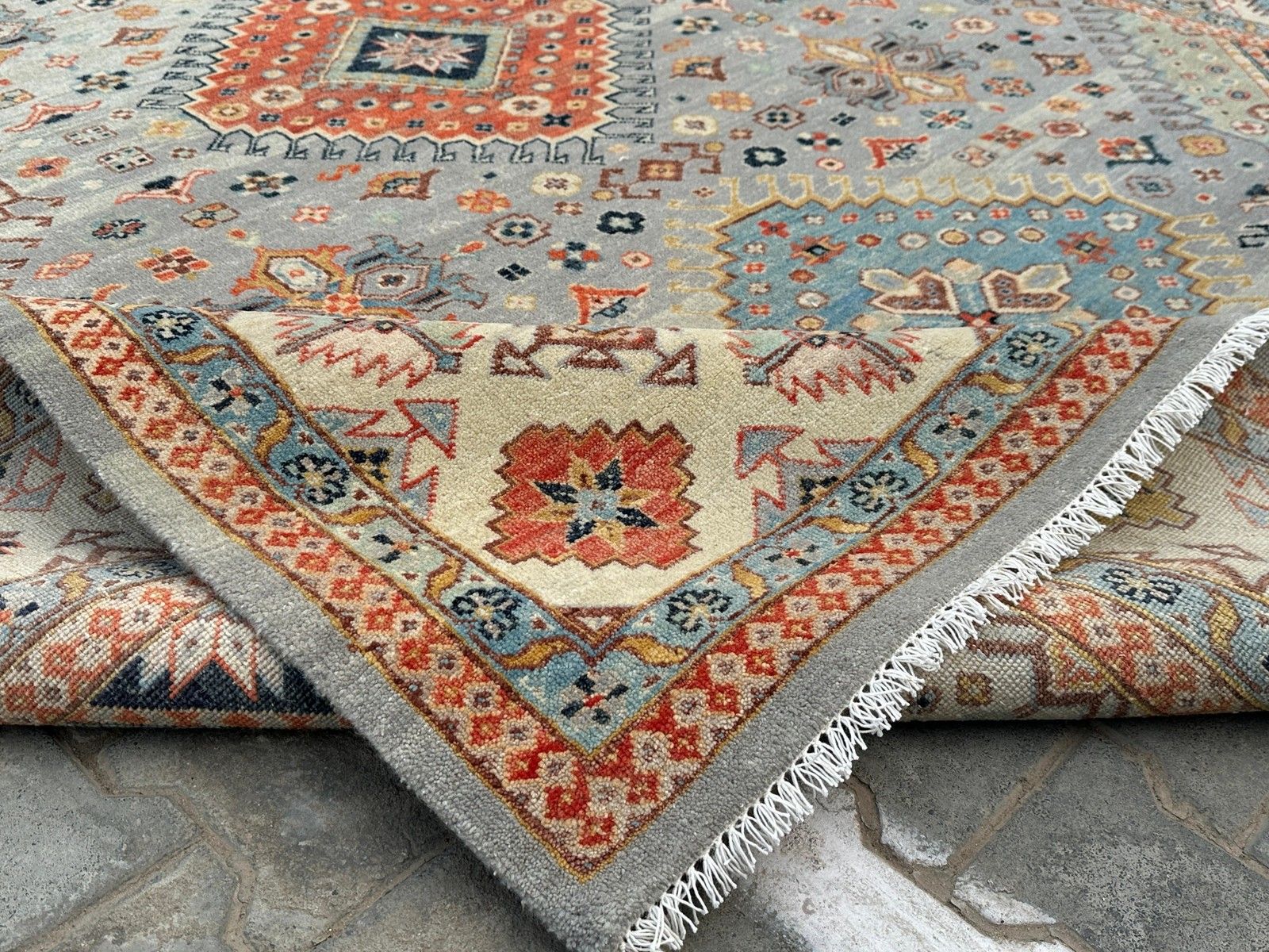 Tapis en laine noué à la main, motif médaillon géométrique bleu, 245 x 305 cm (8 x 10 ft), moderne photo vinterior