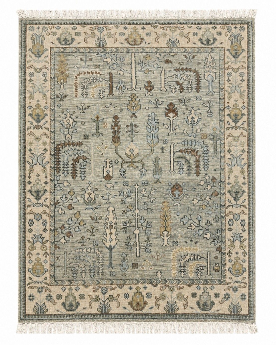 Tapis en laine Oushak moderne 8 x 10 ft, noué à la main, motif floral vert sauge