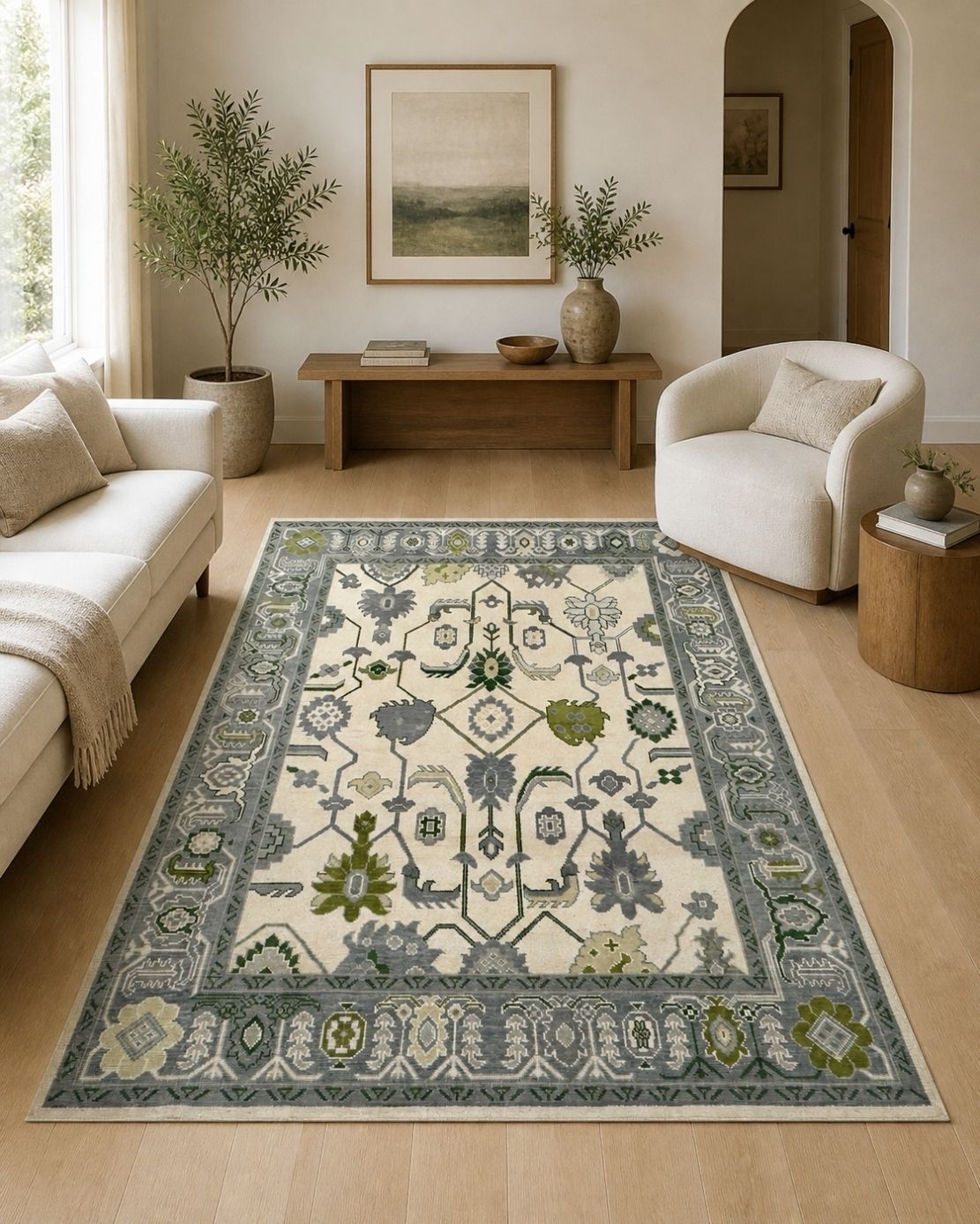 Tapis Oushak en laine noué à la main, ivoire, motif floral vert, 245 x 305 cm photo furniture