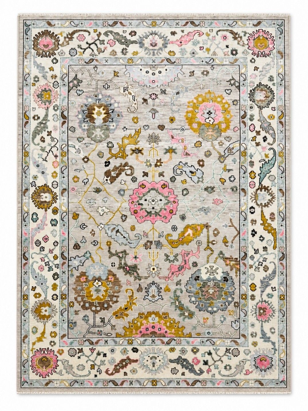 8x10 Ft Hand Knotted Oushak Area Rug For Living Room, Ivory Floral Design Carpet