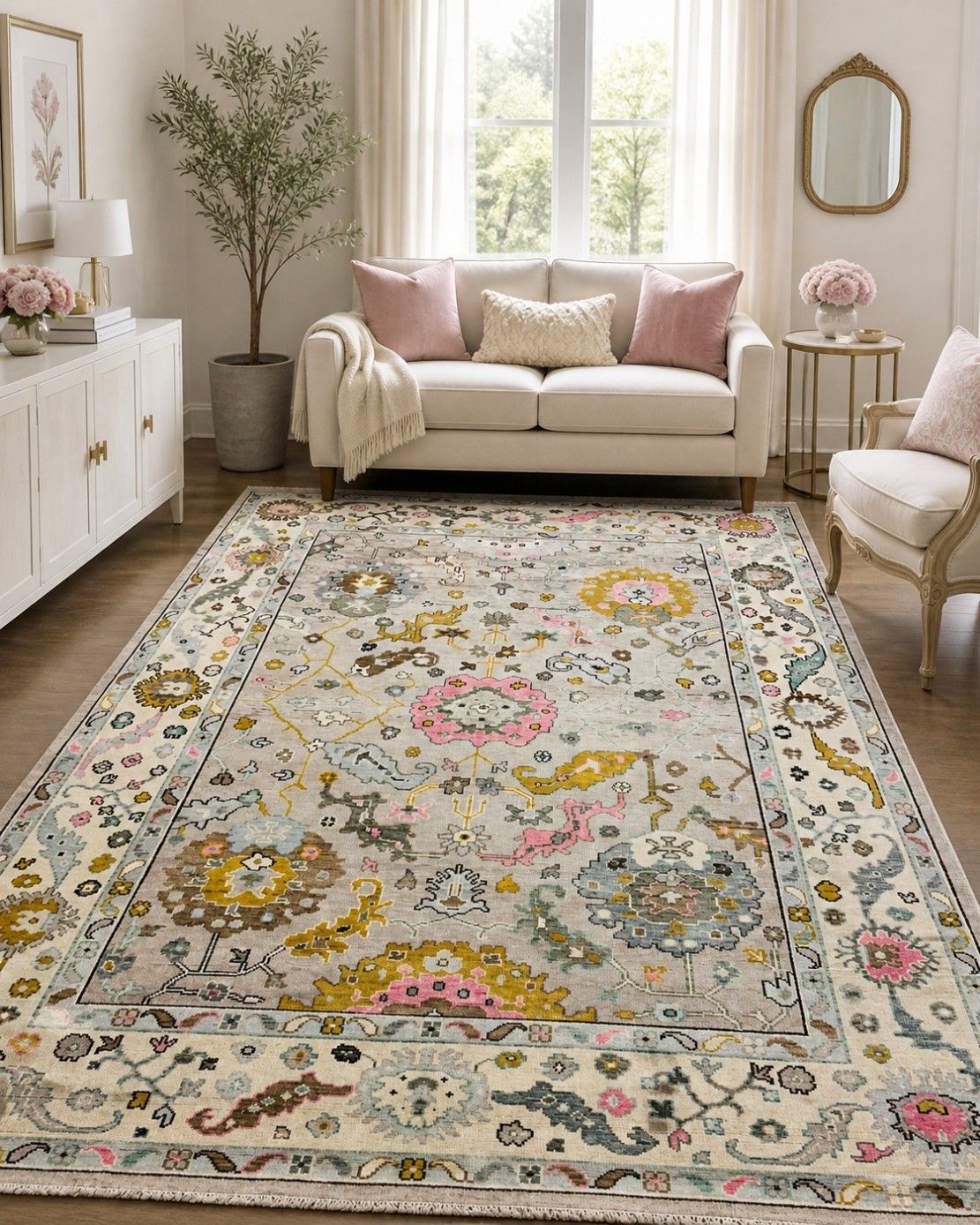 8x10 Ft Hand Knotted Oushak Area Rug For Living Room, Ivory Floral Design Carpet photo furniture