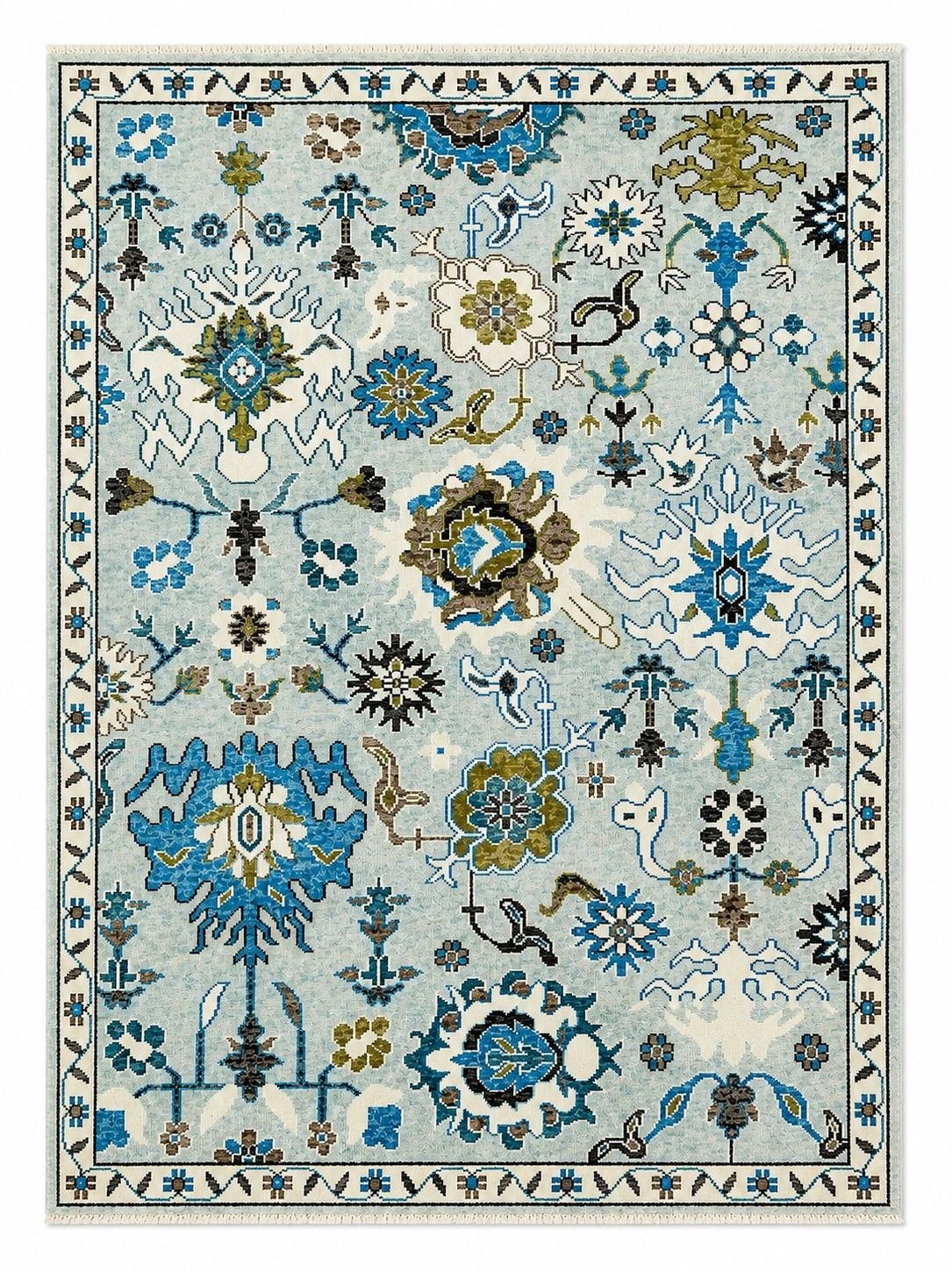 Tapis Oushak en laine fait main 8 x 10 ft, motif floral bleu