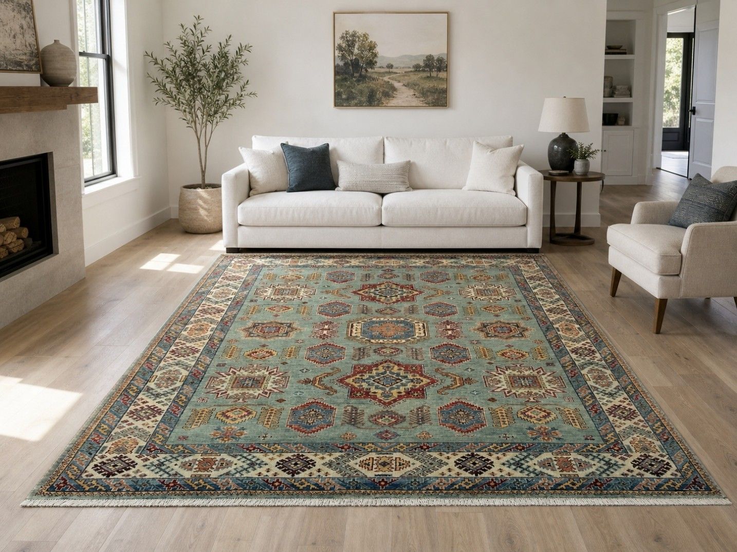 Handgeknoopt wollen vloerkleed 245 x 305 cm, turquoise geometrisch patroon photo furniture