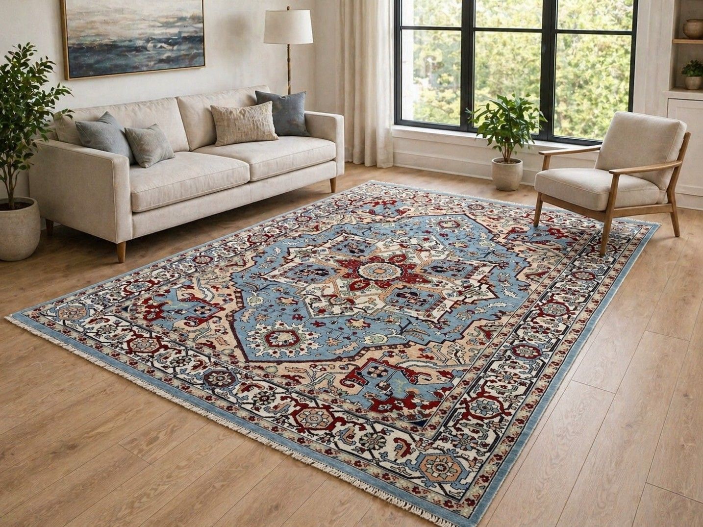 8x10 Ft Modern Handknotted Wool Area Rug, Blue Geometric Medallion Design Carpet photo furniture