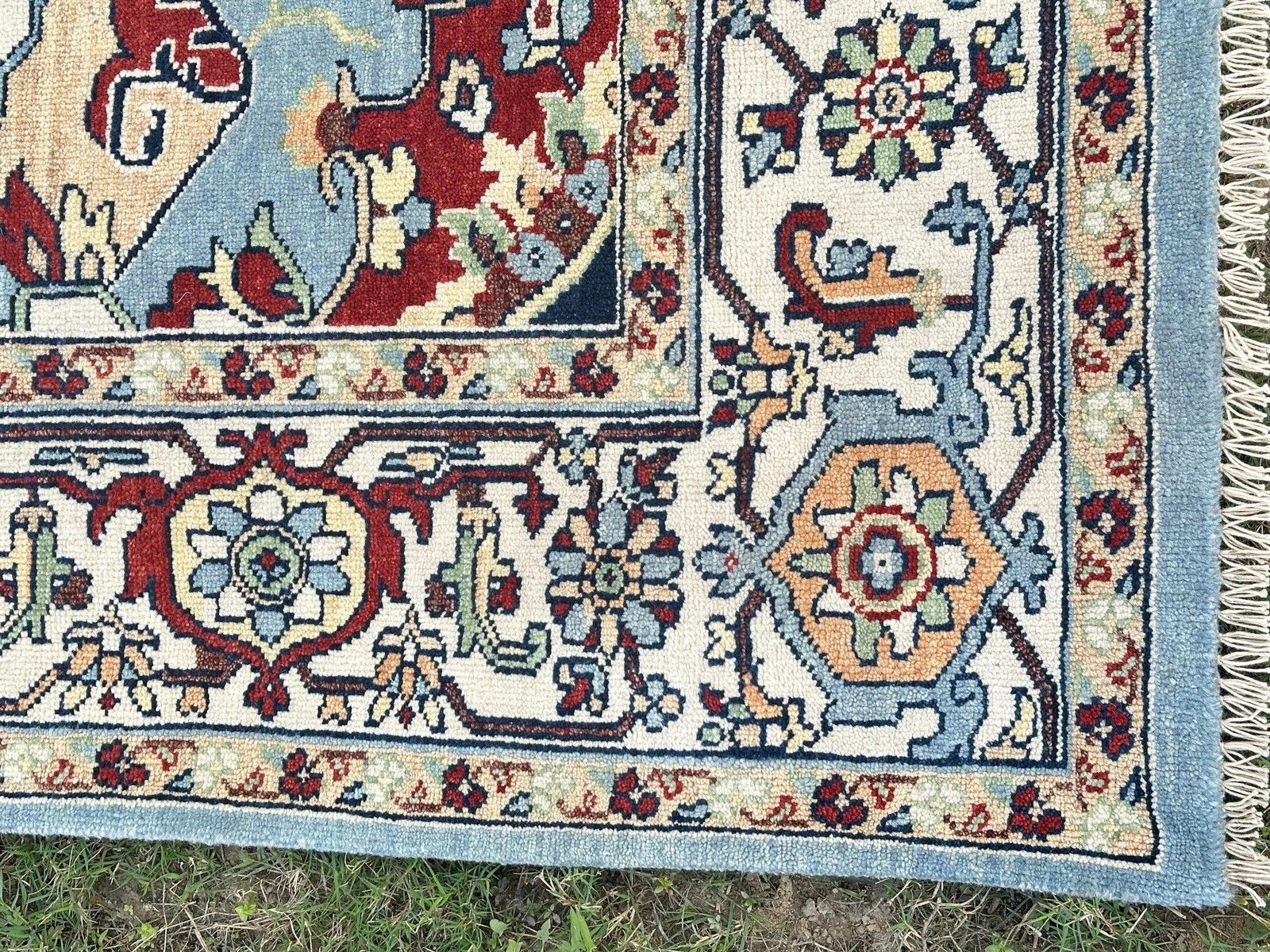 8x10 Ft Modern Handgeknoopt Wollen Vloerkleed, Blauw Geometrisch Medaillonontwerp Tapijt photo vintage