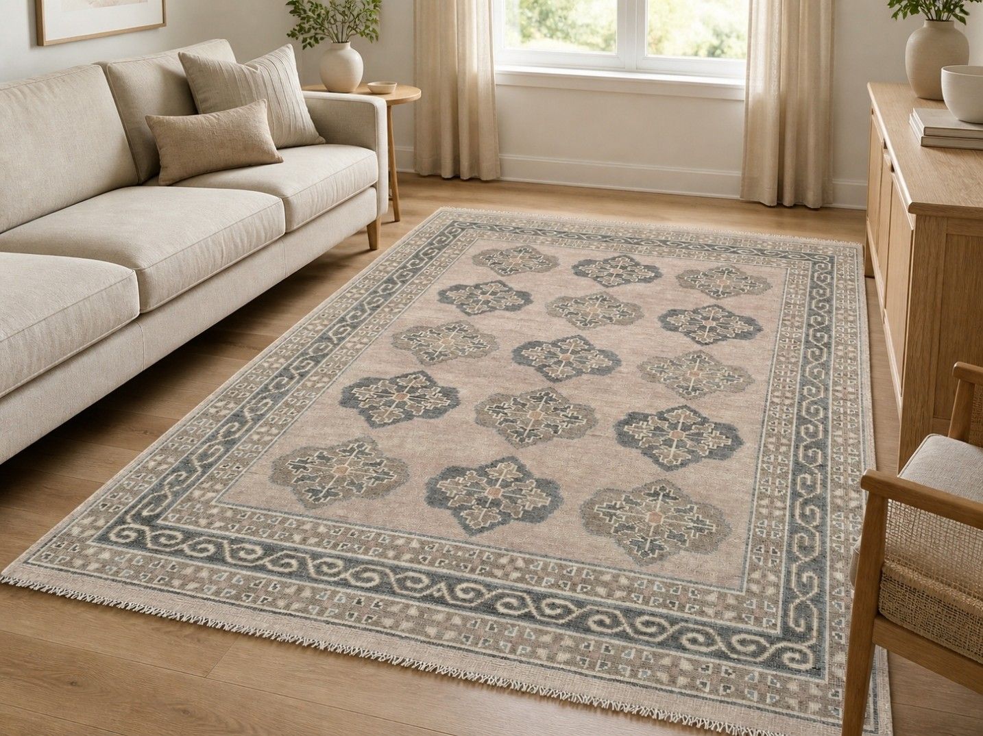 Handgemaakt Oushak wollen vloerkleed 8x10 ft voor woonkamer, tapijt met geometrisch dessin photo furniture