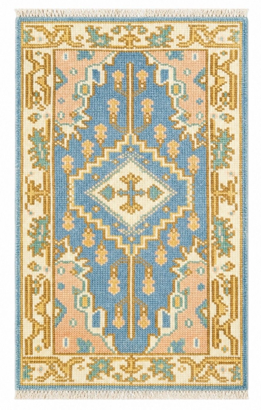 Handgemaakt Oushak wollen vloerkleed 92 x 153 cm, blauw medaillondesign accentkleed voor entree photo furniture