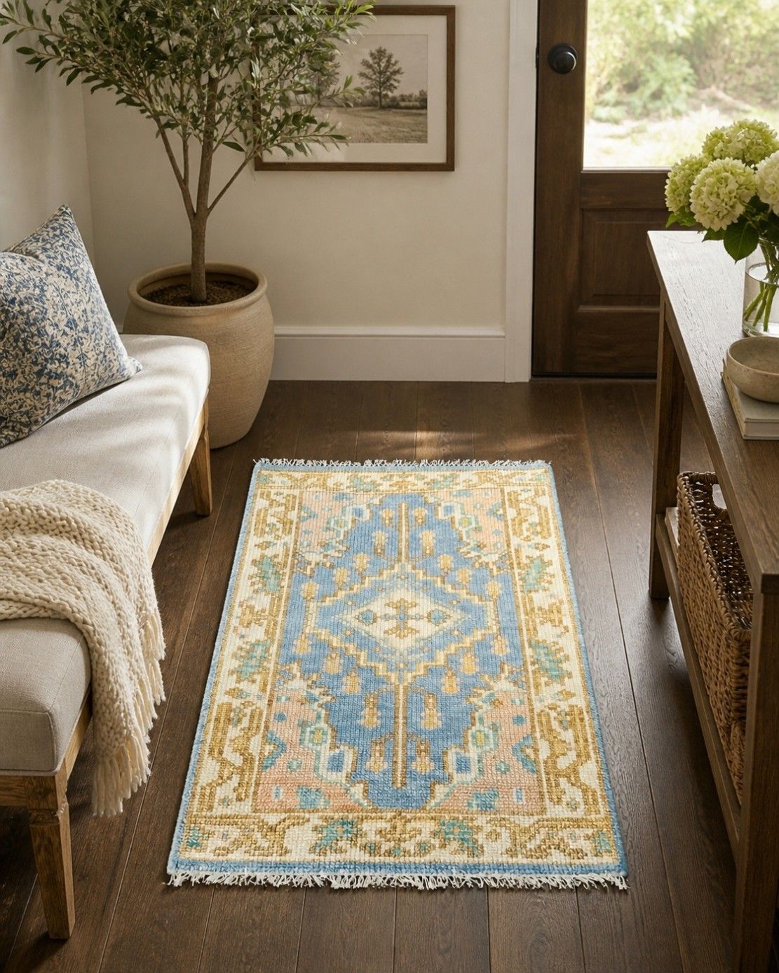 Tapis en laine Oushak fait main, motif médaillon bleu, 90 x 150 cm