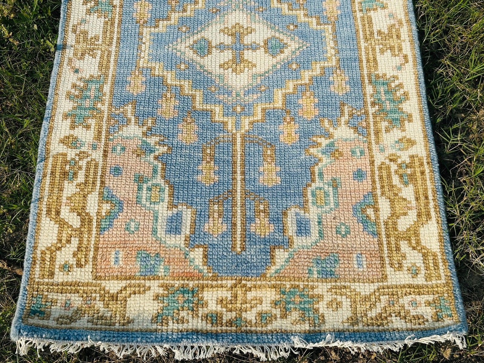 Tapis en laine Oushak fait main, motif médaillon bleu, 90 x 150 cm photo vinterior