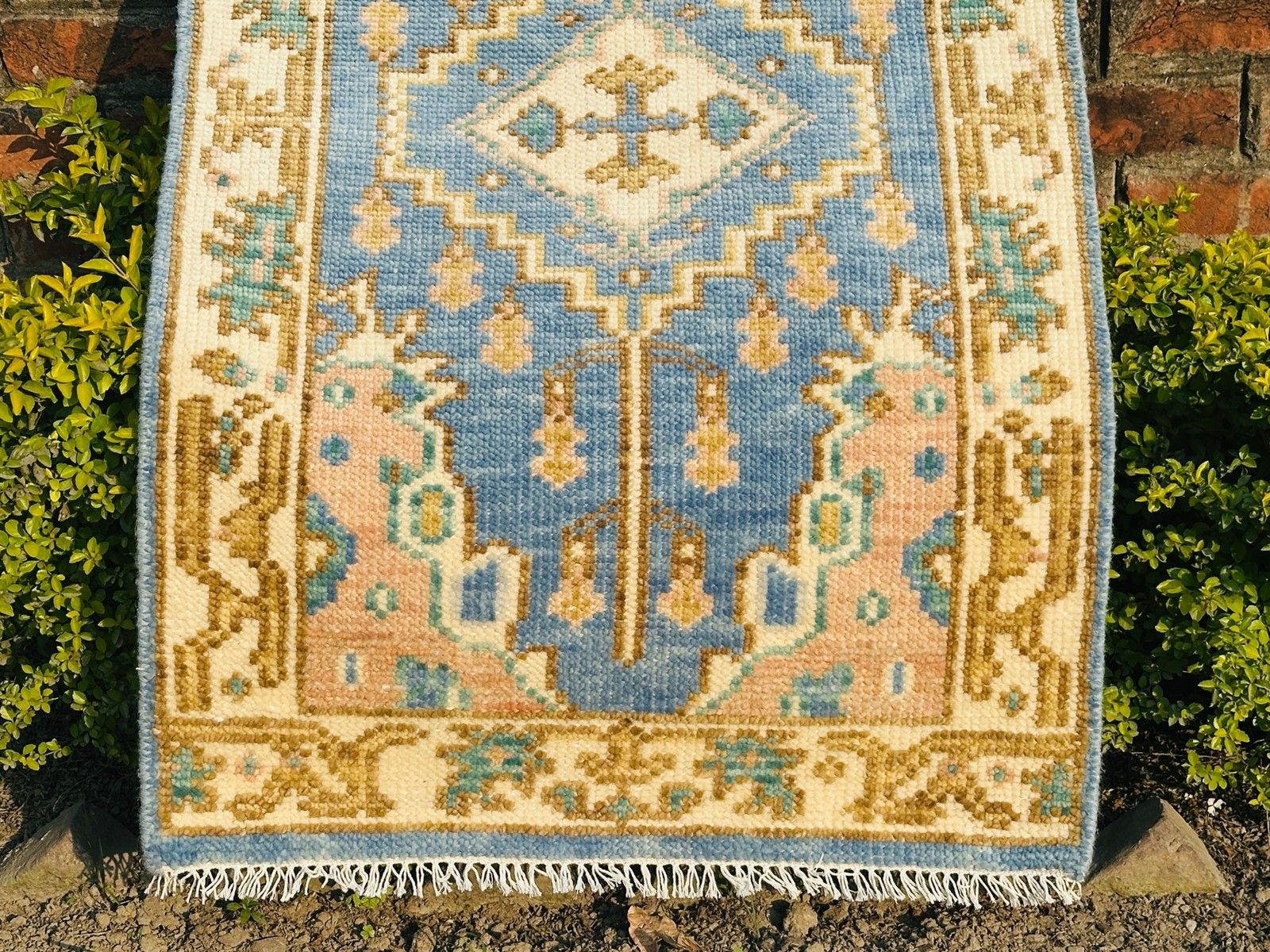 Tapis en laine Oushak fait main, motif médaillon bleu, 90 x 150 cm photo vintage