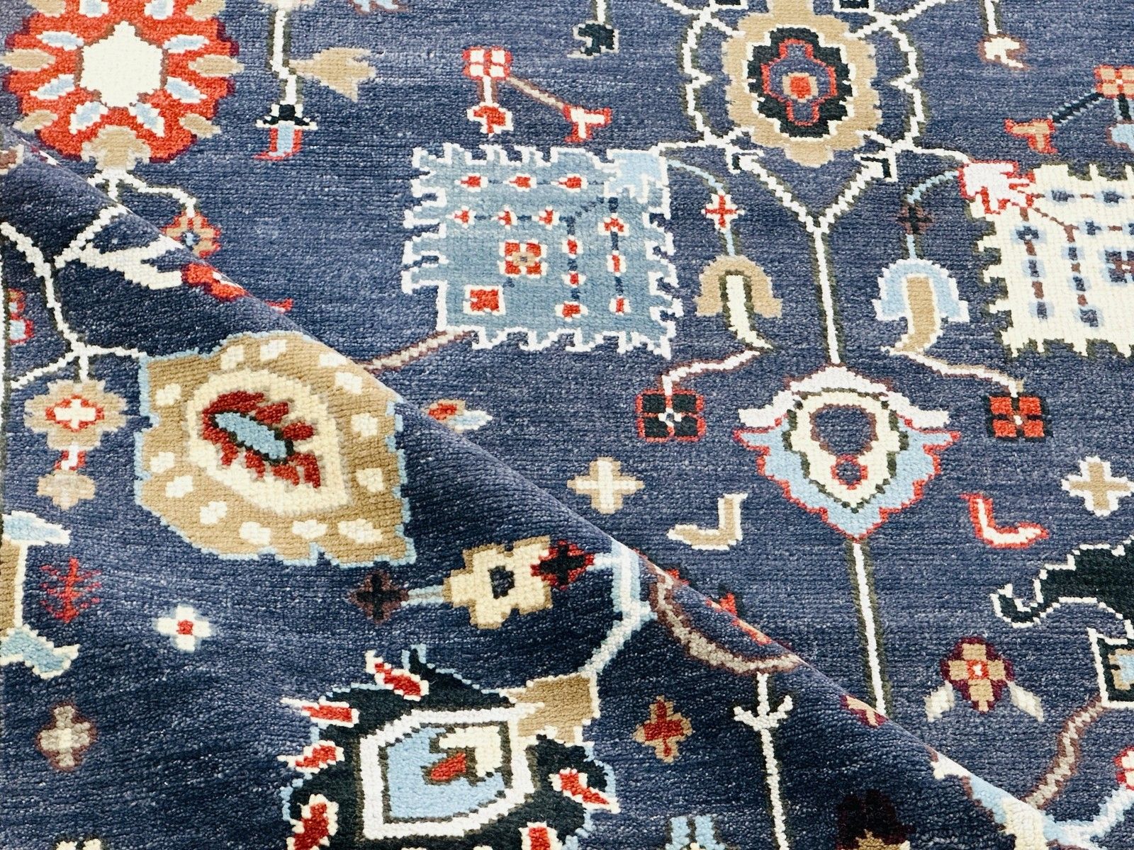 Tapis de sol en laine noué à la main 245 x 305 cm, motif floral Oushak bleu marine photo 2112.0