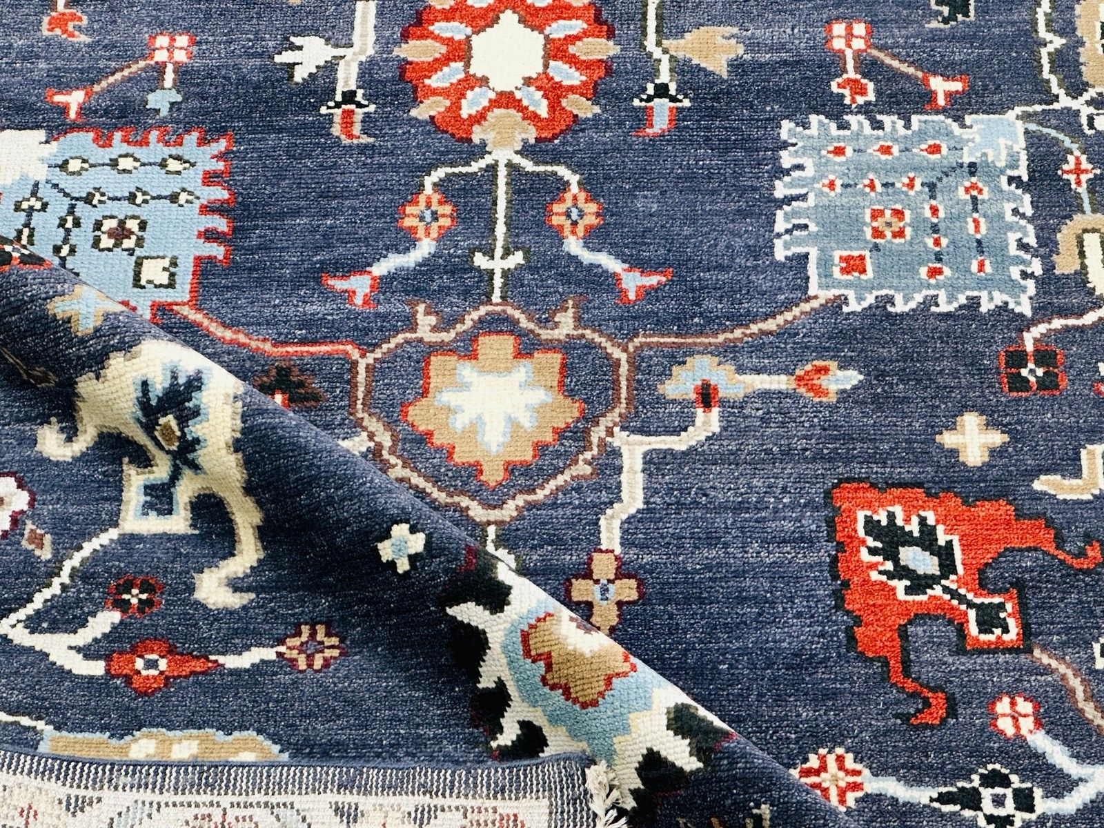8x10 Ft Hand Knotted Wool Area Rug, Oushak Navy Blue Floral Design Carpet photo vintage