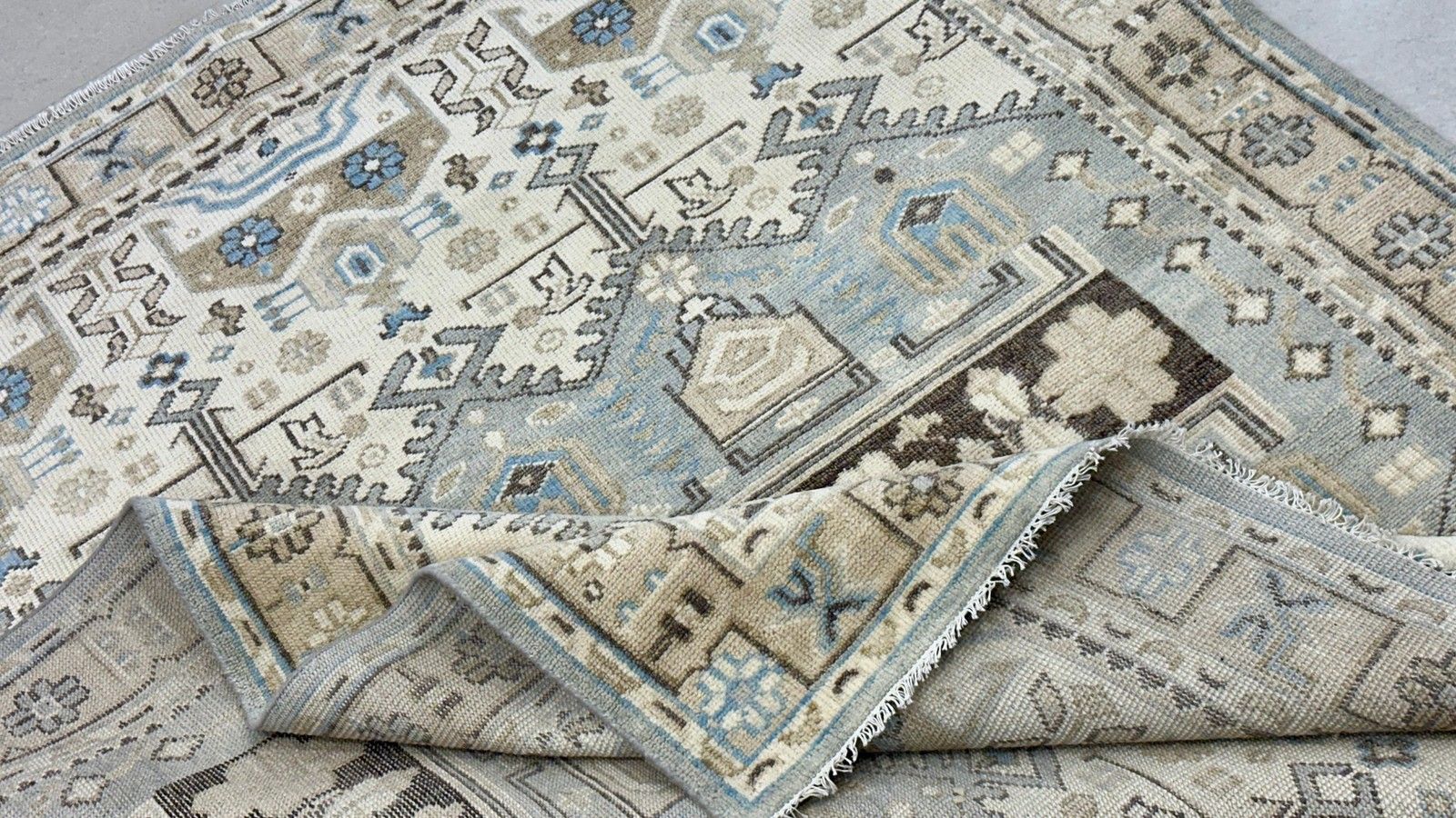 8x10 Ft Handgeknoopt Bloemen Oushak Wollen Vloerkleed, Blauw en Ivoor Tapijt photo buy