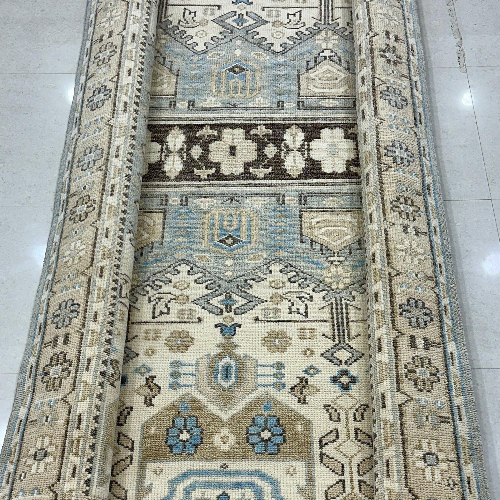 8x10 Ft Hand Knotted Floral Oushak Wool Area Rug, Blue And Ivory Carpet photo vintage