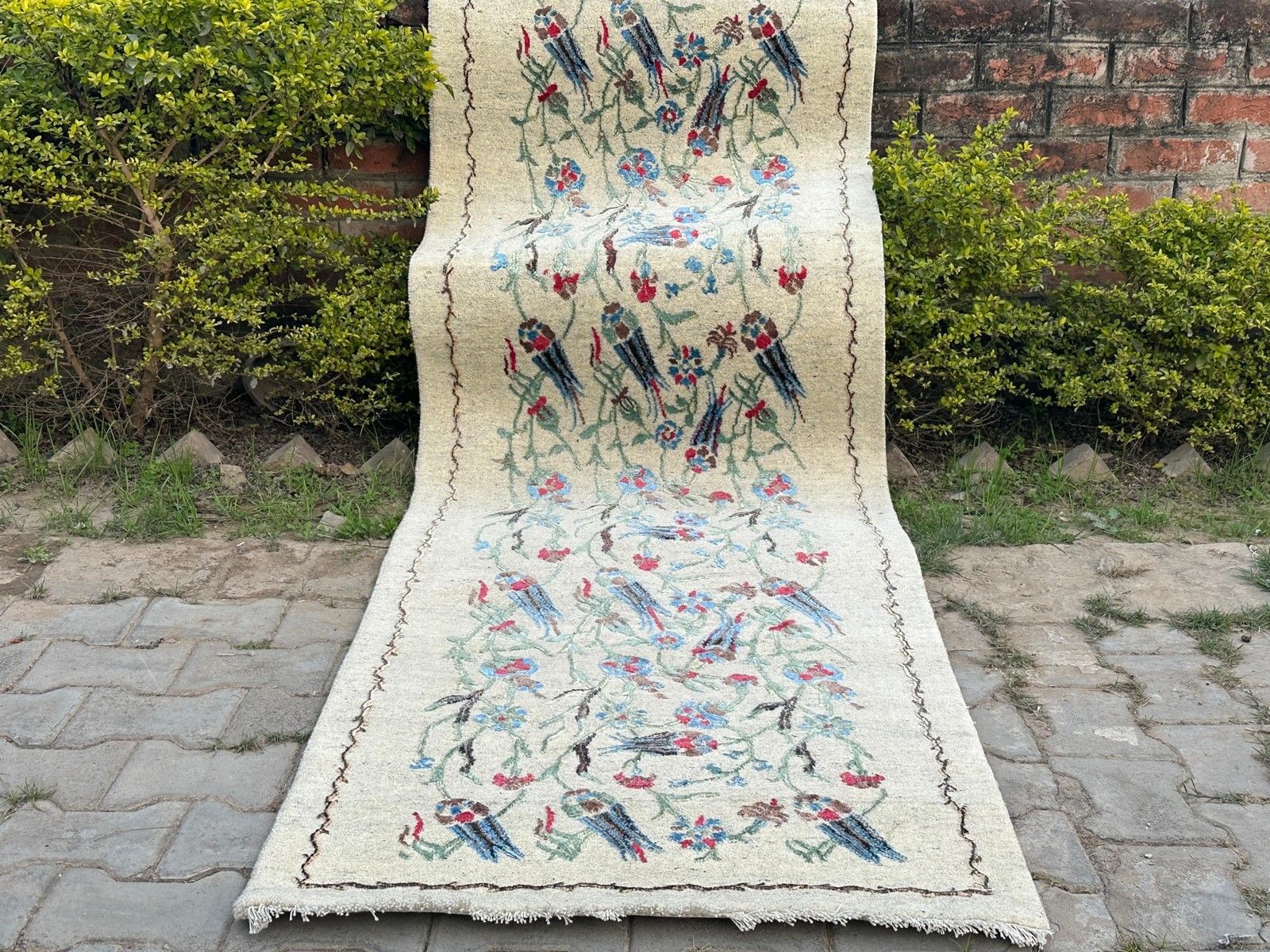 2.9x10.8 Ft Handmade Silk Hallway Rug. Floral Vine Design Runner Rug For Kitchen photo vintage