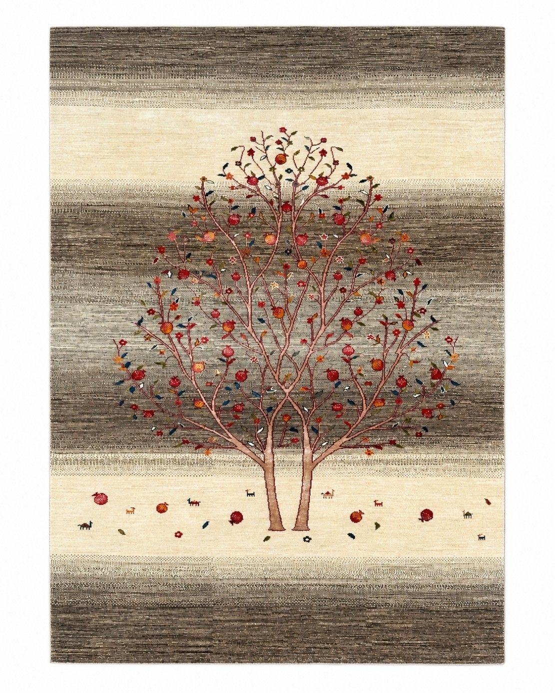 Tapis en laine noué à la main 275 x 365 cm pour salon, motif arbre, beige et marron
