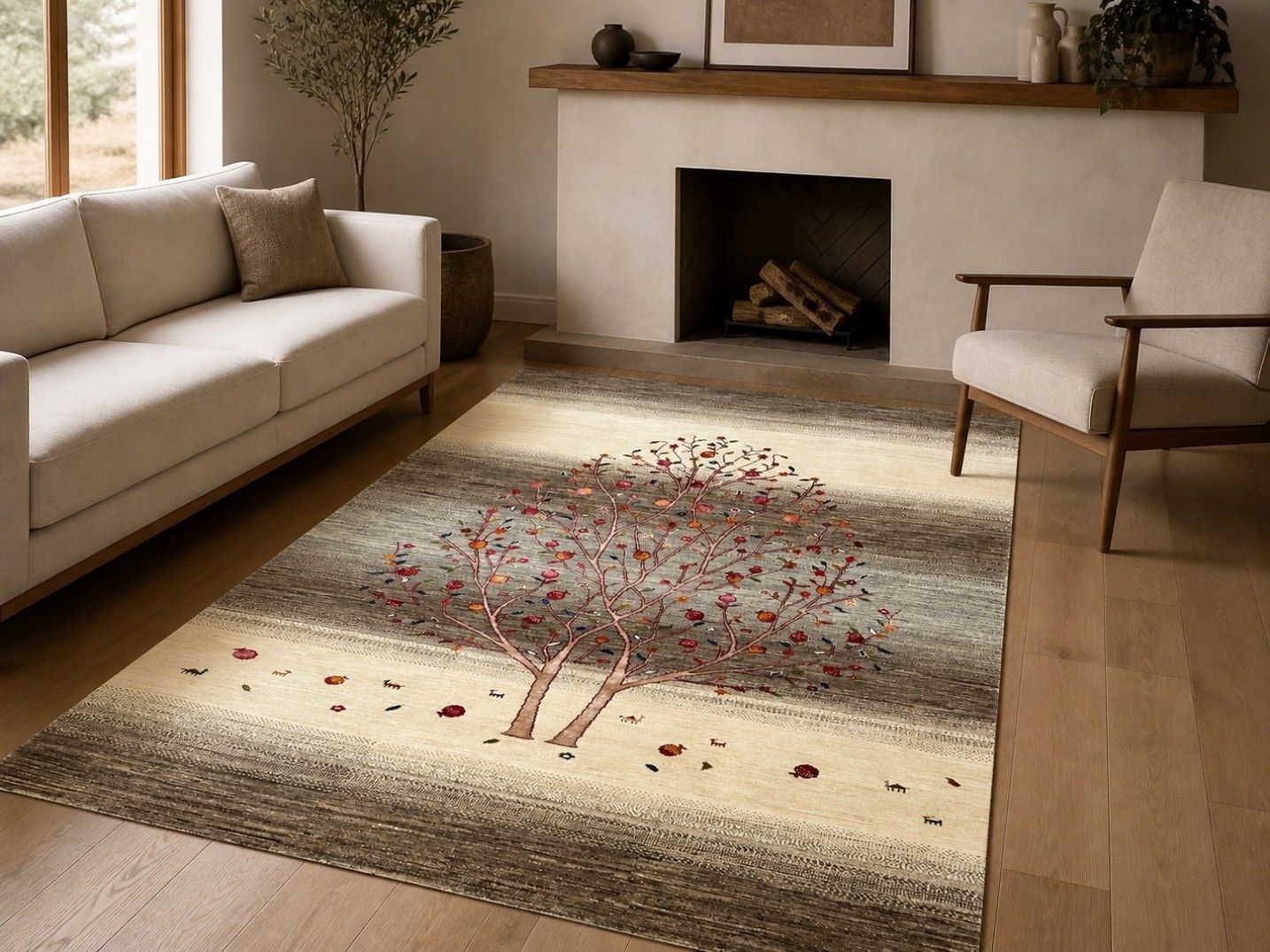 Tapis en laine noué à la main 275 x 365 cm pour salon, motif arbre, beige et marron photo furniture