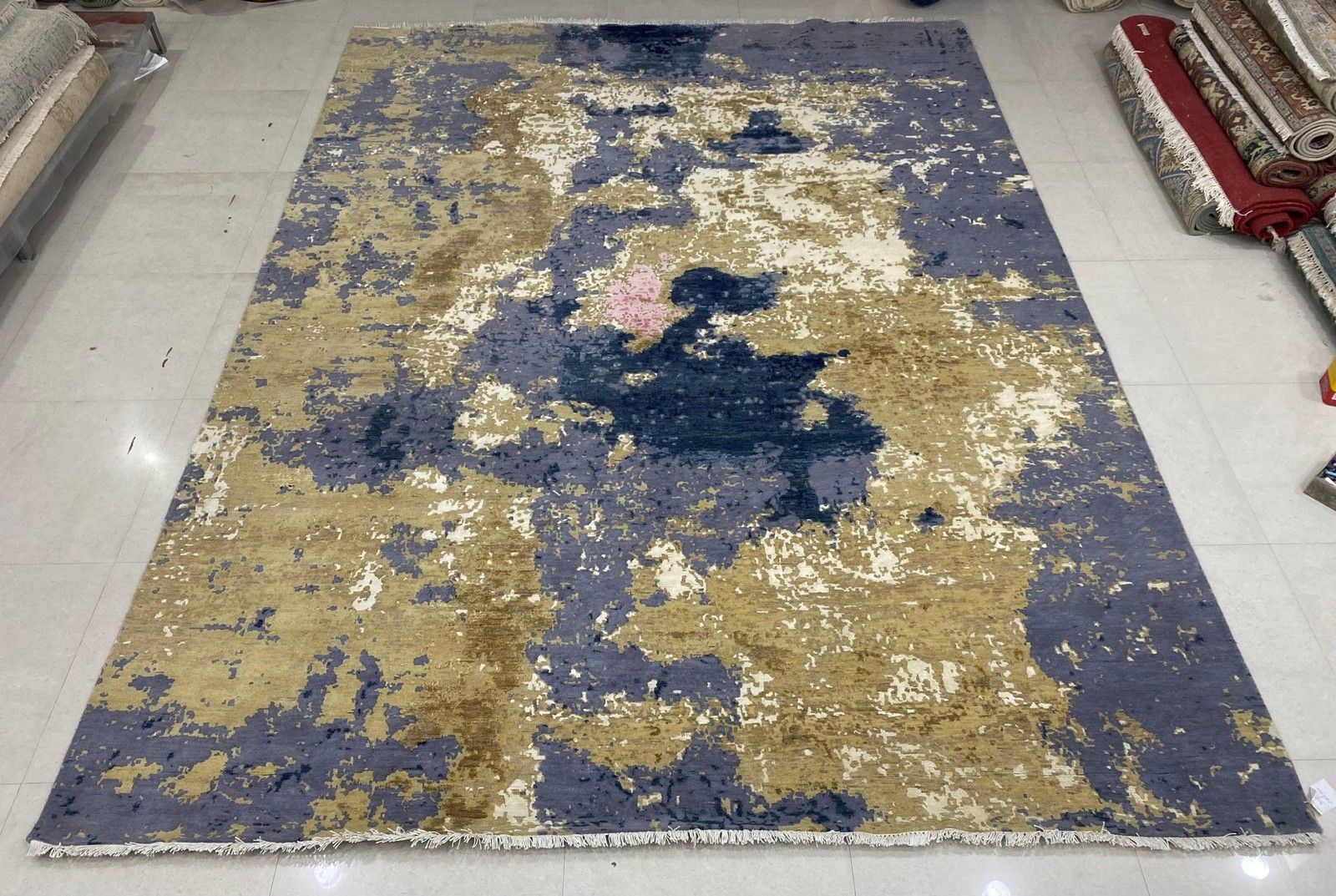 9x12 Ft Hand Knotted Wool Area Rug, Abstract Blue And Beige Modern Carpet photo for sale