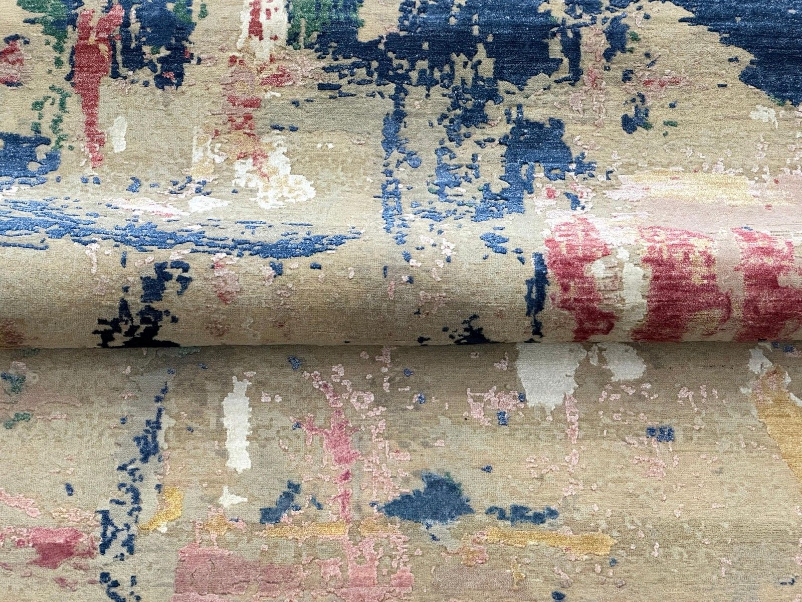 Tapis en laine noué à la main 275 x 365, grand format, beige et bleu, motif abstrait, tapis moderne | Fz005 photo Textiles