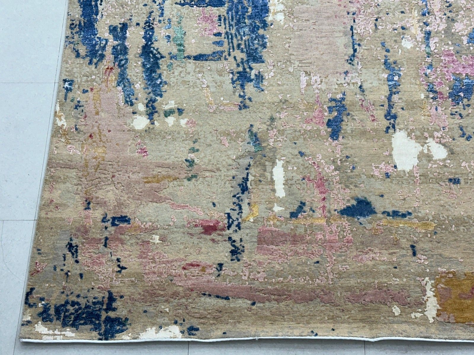 Tapis en laine noué à la main 275 x 365, grand format, beige et bleu, motif abstrait, tapis moderne | Fz005 photo vintage