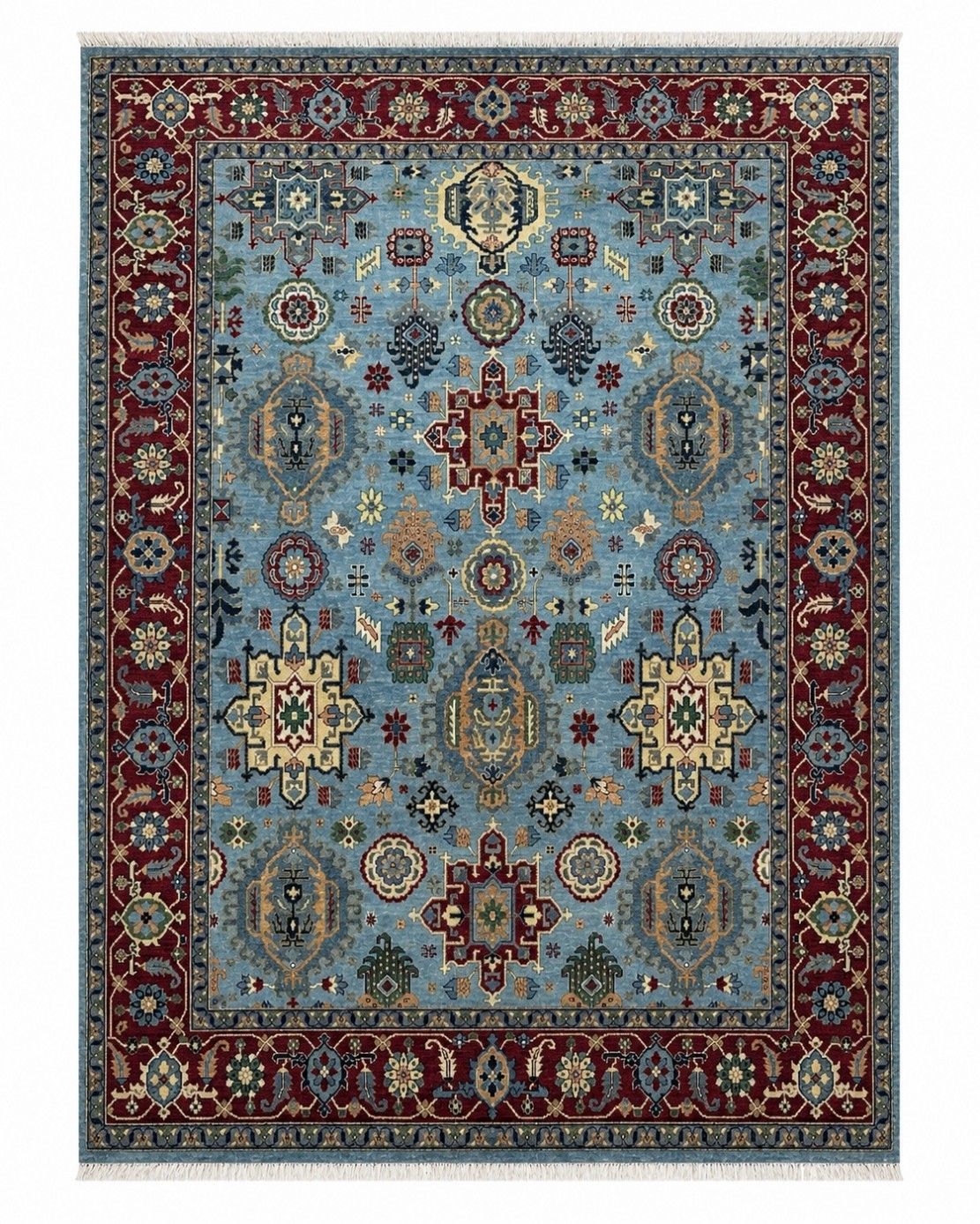 8x10 Ft Hand Knotted Area Rug, Modern Floral Design Blue Carpet For Living Room