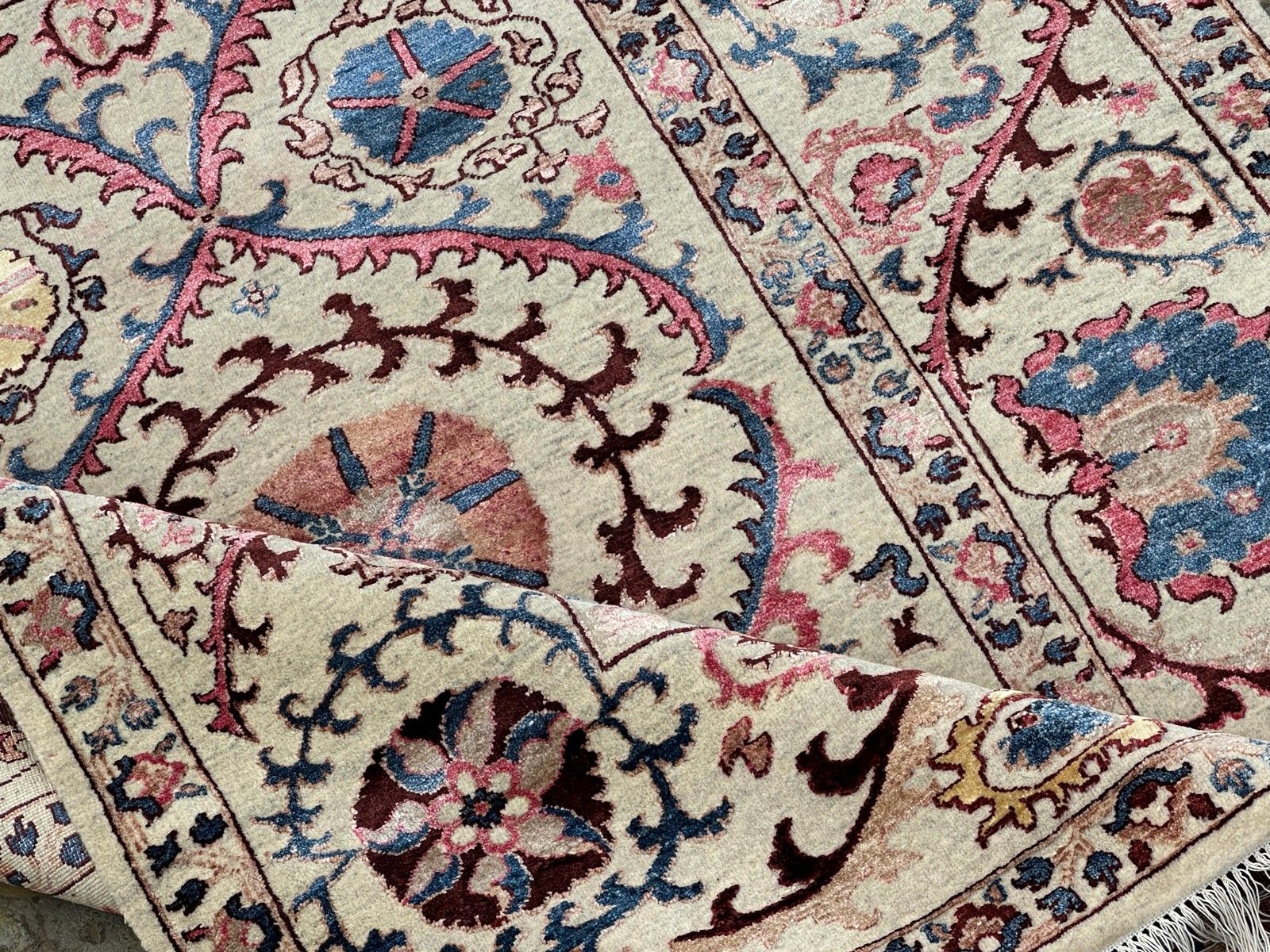 5x8 Ft Decorative Handmade Wool And Silk Area Rug, Ivory Floral Vine Tapestry photo Textiles