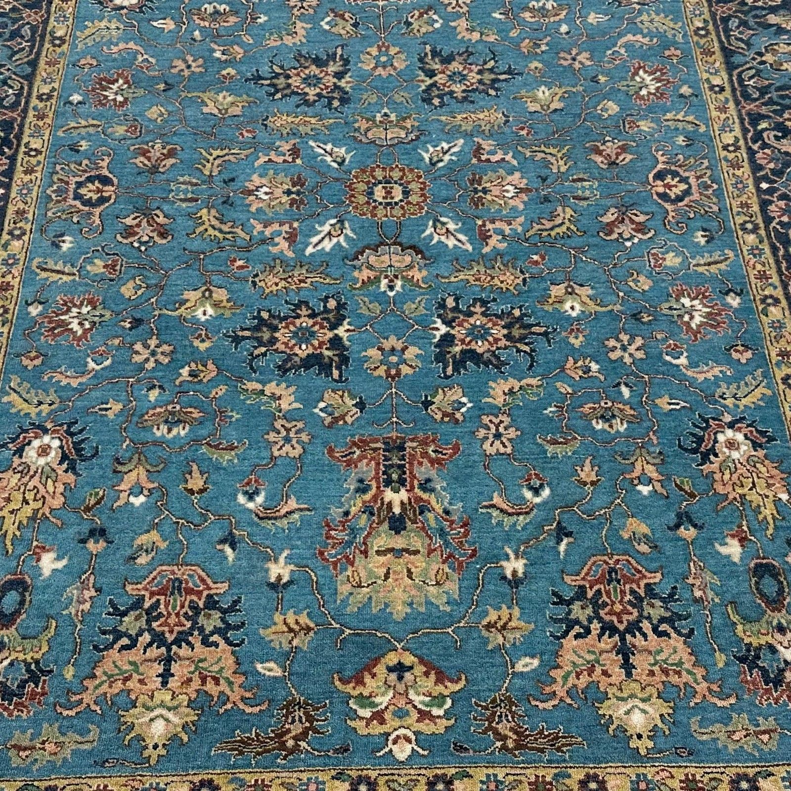 Handgeknoopt wollen vloerkleed 183 x 275 cm, blauw bloemmotief, tapijt voor woonkamer photo vintage