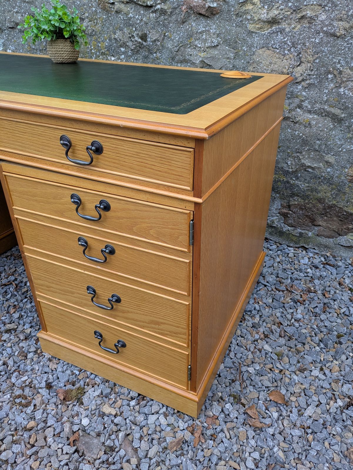 Large Vintage Green Leather Top Captains Pedestal Desk photo for sale