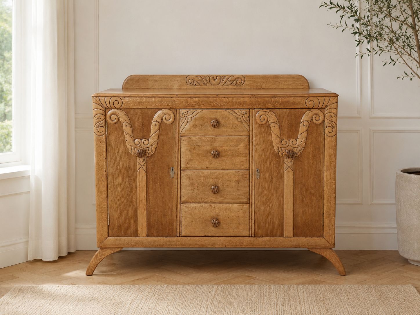 Mid Century Oak Sideboard | Carved Detail | Fully Restored | Rugged Olive photo for sale