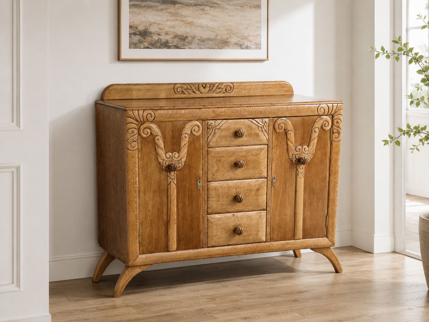 Mid Century Oak Sideboard | Carved Detail | Fully Restored | Rugged Olive photo Furniture