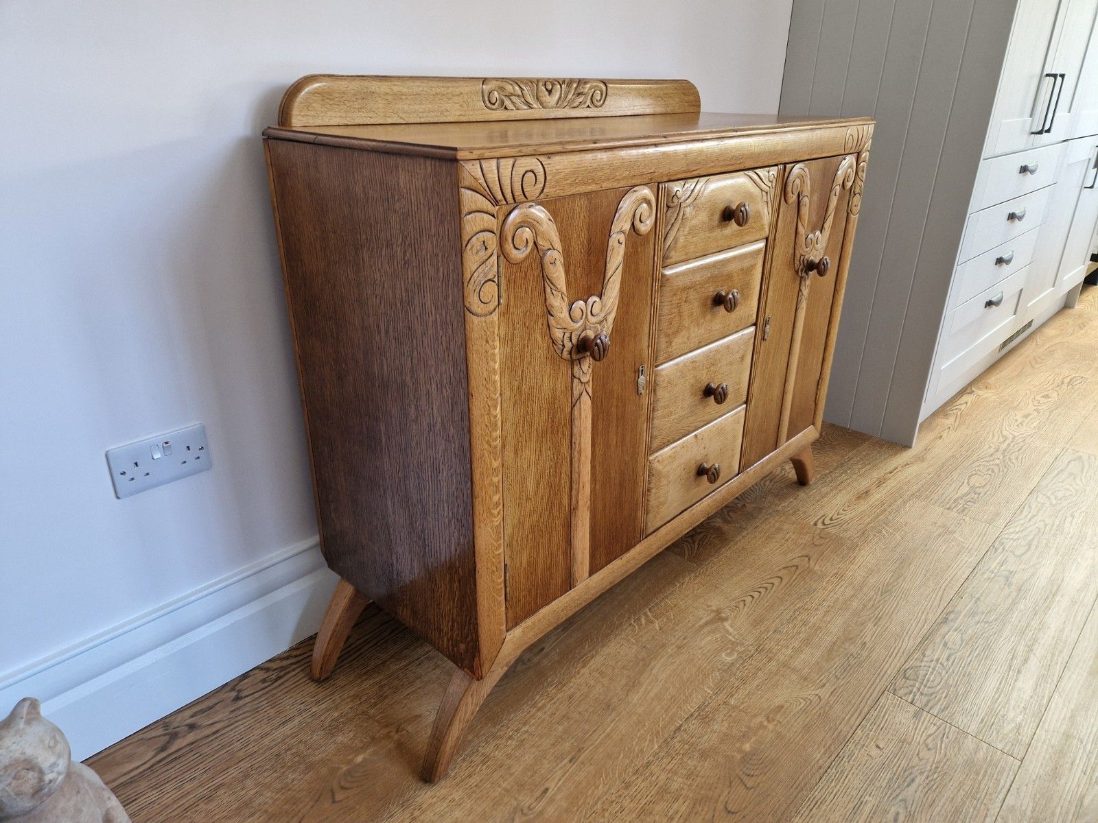 Mid Century Oak Sideboard | Carved Detail | Fully Restored | Rugged Olive photo vinterior
