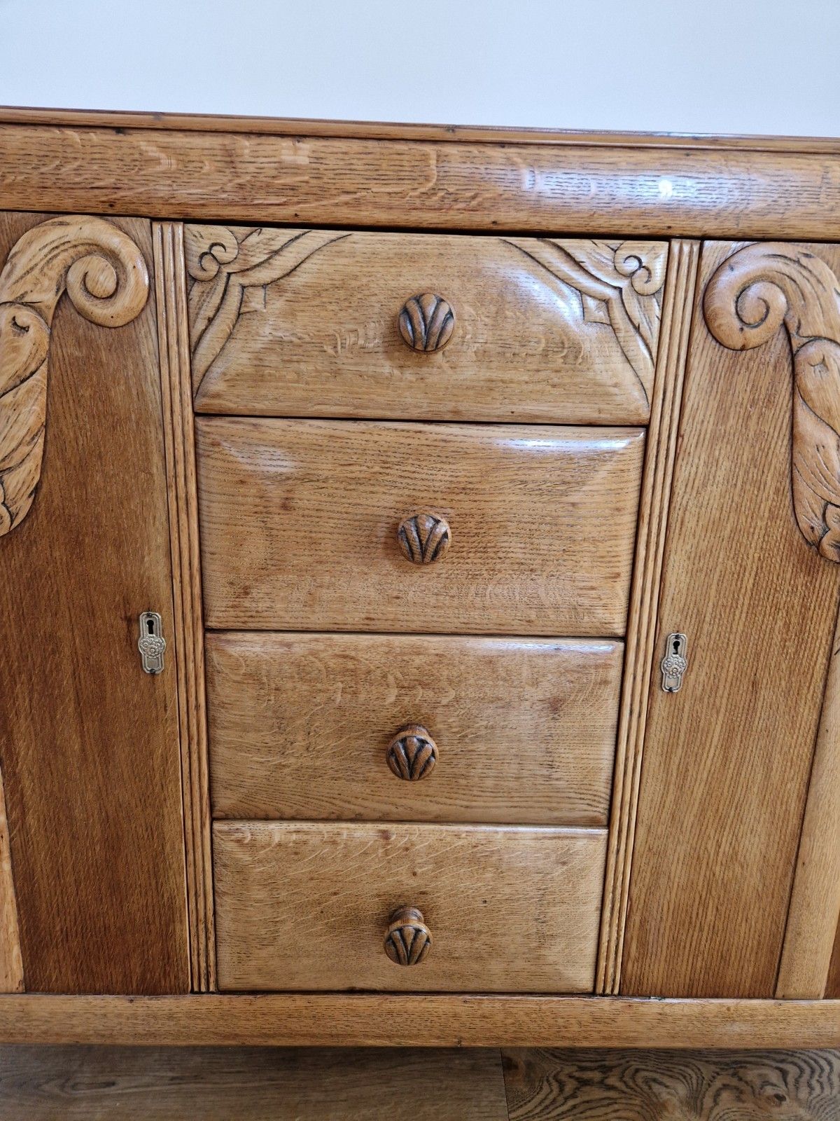 photo furniture Mid Century Oak Sideboard | Carved Detail | Fully Restored | Rugged Olive