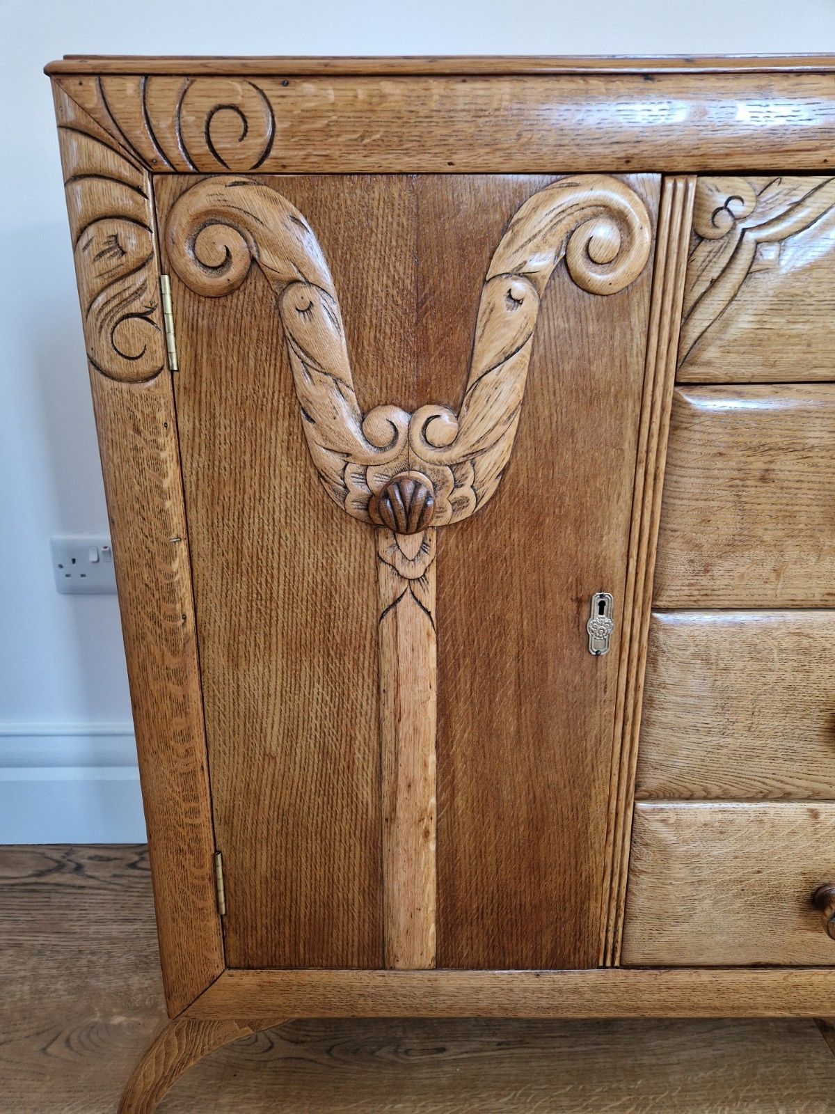 photo for sale Mid Century Oak Sideboard | Carved Detail | Fully Restored | Rugged Olive