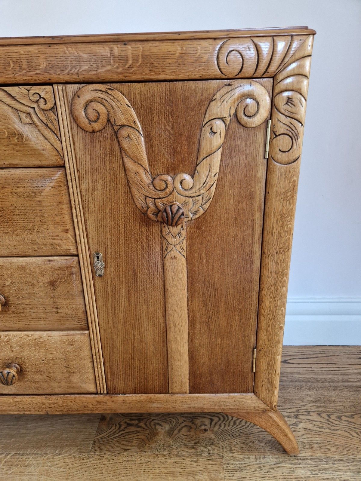 Furniture Mid Century Oak Sideboard | Carved Detail | Fully Restored | Rugged Olive photo