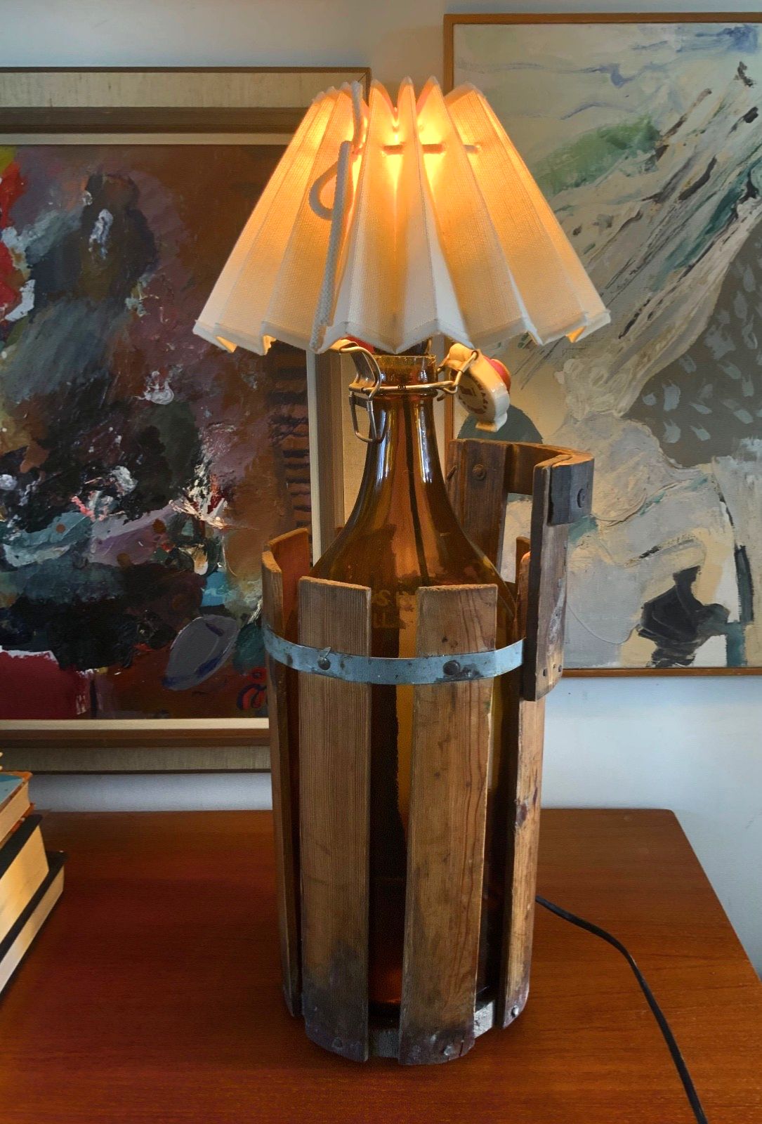 Upcycled Vintage Table Lamp Large  Patent Bottle In Wooden Stand 1900s photo furniture