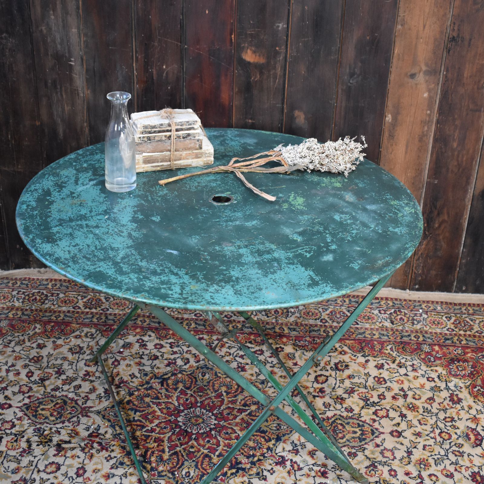 Antique 1950s French Green Hand Forged Metal Cafe Bistro Outside Folding Table photo for sale