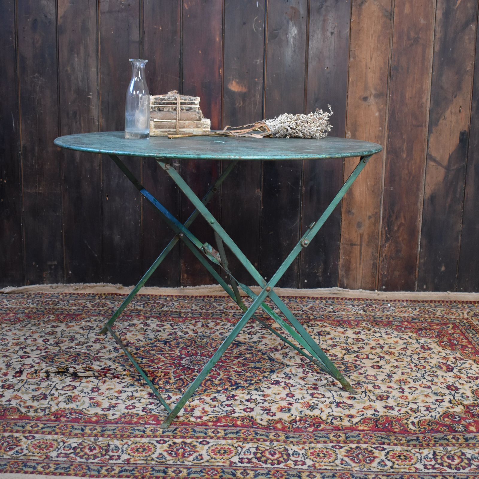 Antique 1950s French Green Hand Forged Metal Cafe Bistro Outside Folding Table photo vinterior