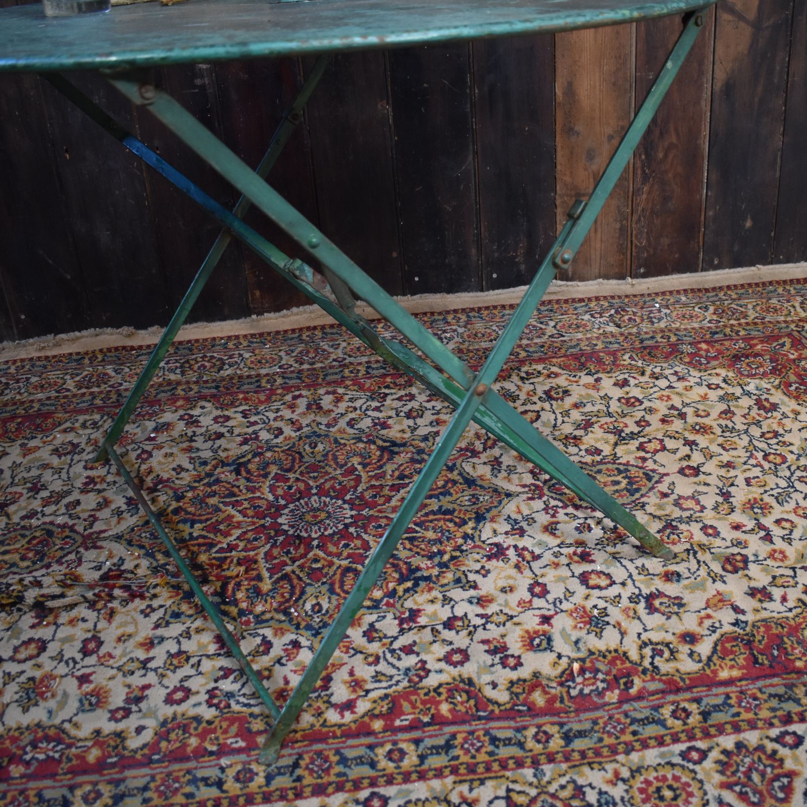 Antique 1950s French Green Hand Forged Metal Cafe Bistro Outside Folding Table photo vintage
