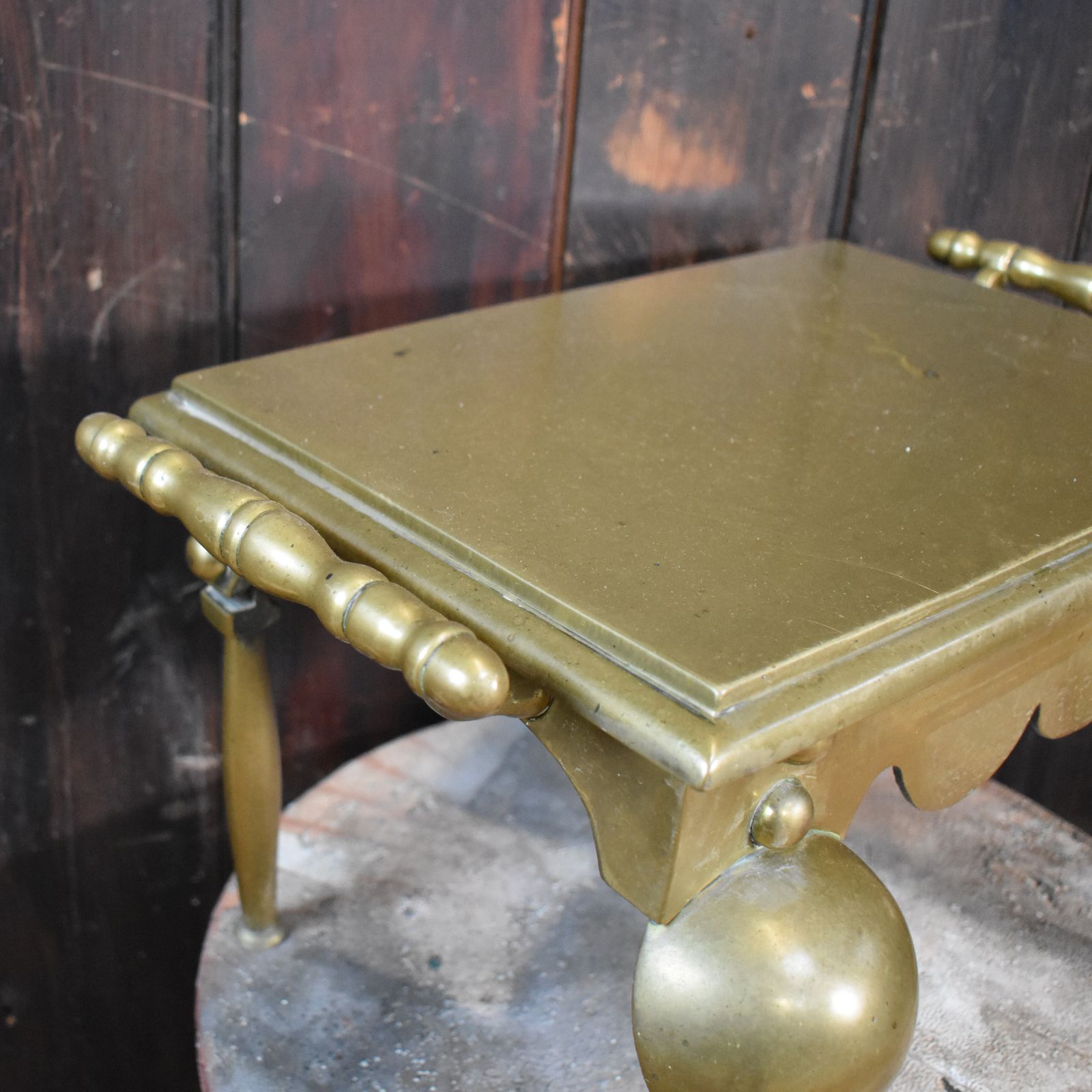 Antique English Georgian Brass Footman Handled Trivet Plant Display Stand photo for sale