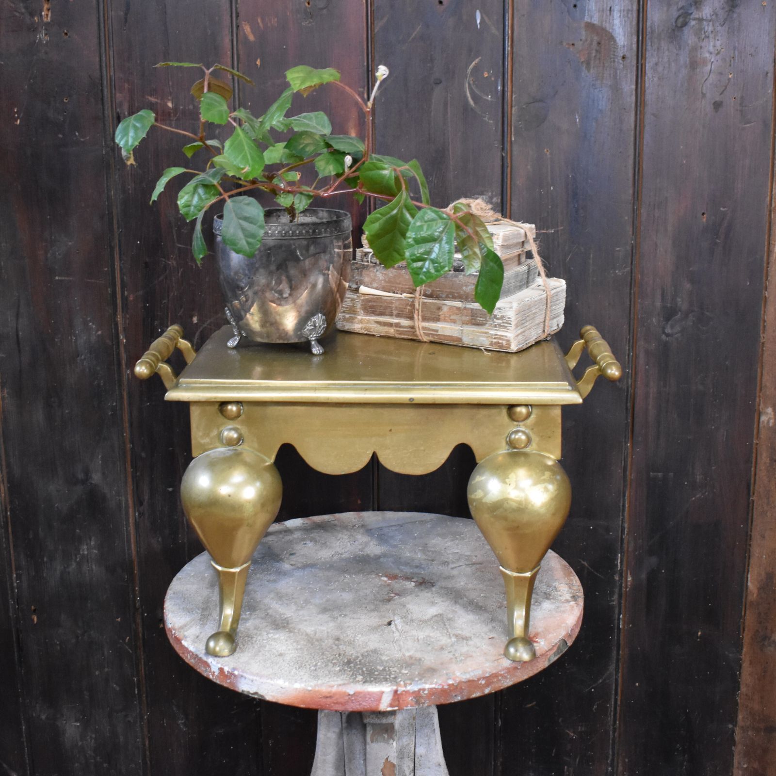 Antique English Georgian Brass Footman Handled Trivet Plant Display Stand photo 225.0