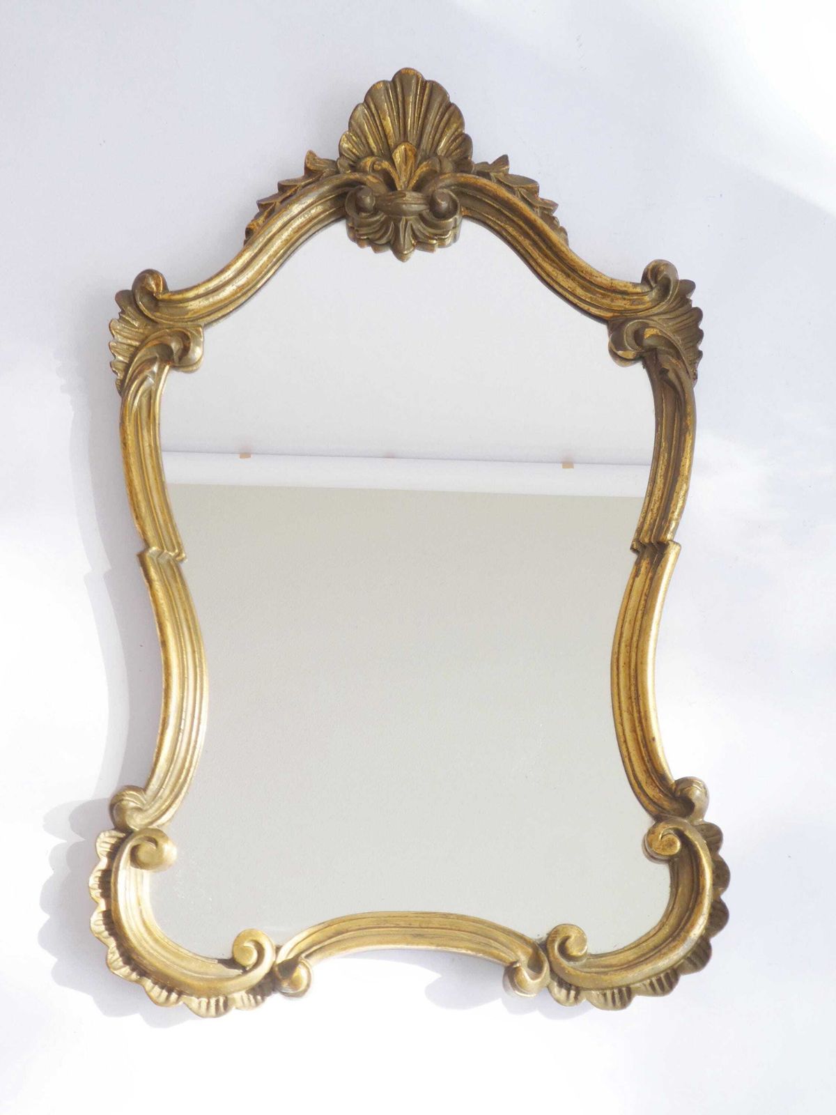 Gold Gilt Scalloped Baroque Mirror, French Hollywood Regency Rococo Wall Mirror, Floral Design Wall Hanging photo Home Decor