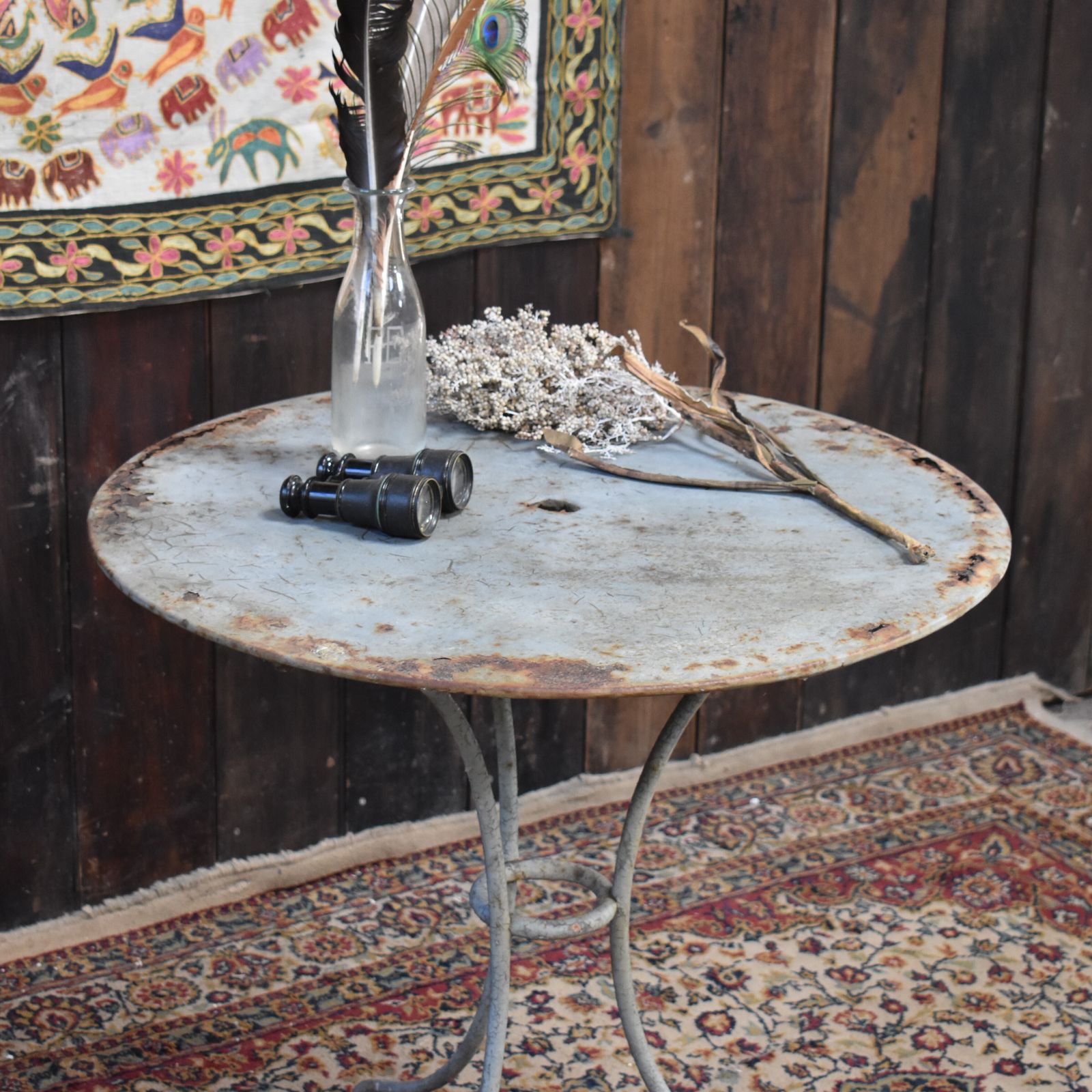 Antique French Grey Metal Timeworn Cafe Bistro Garden Outside Patio Side Table photo for sale