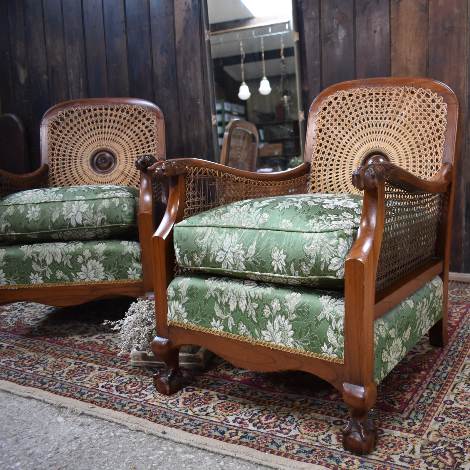 Antique Walnut Bergere Cane Carved Paw Arms Claw & Ball Foot Armchairs Pair photo furniture