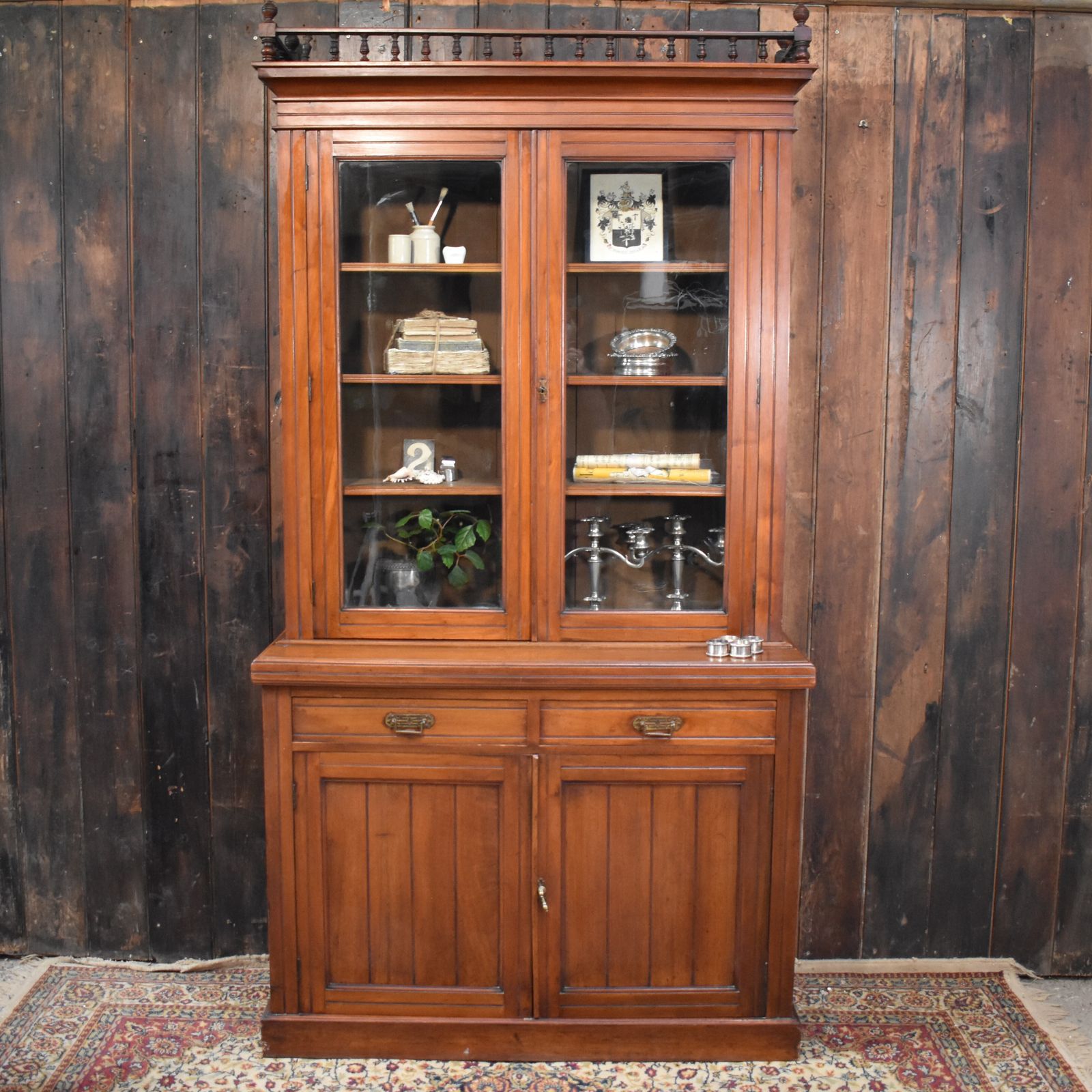 Antique Victorian Walnut Gallery Top Glazed Bookcase Display Cabinet Dresser photo furniture
