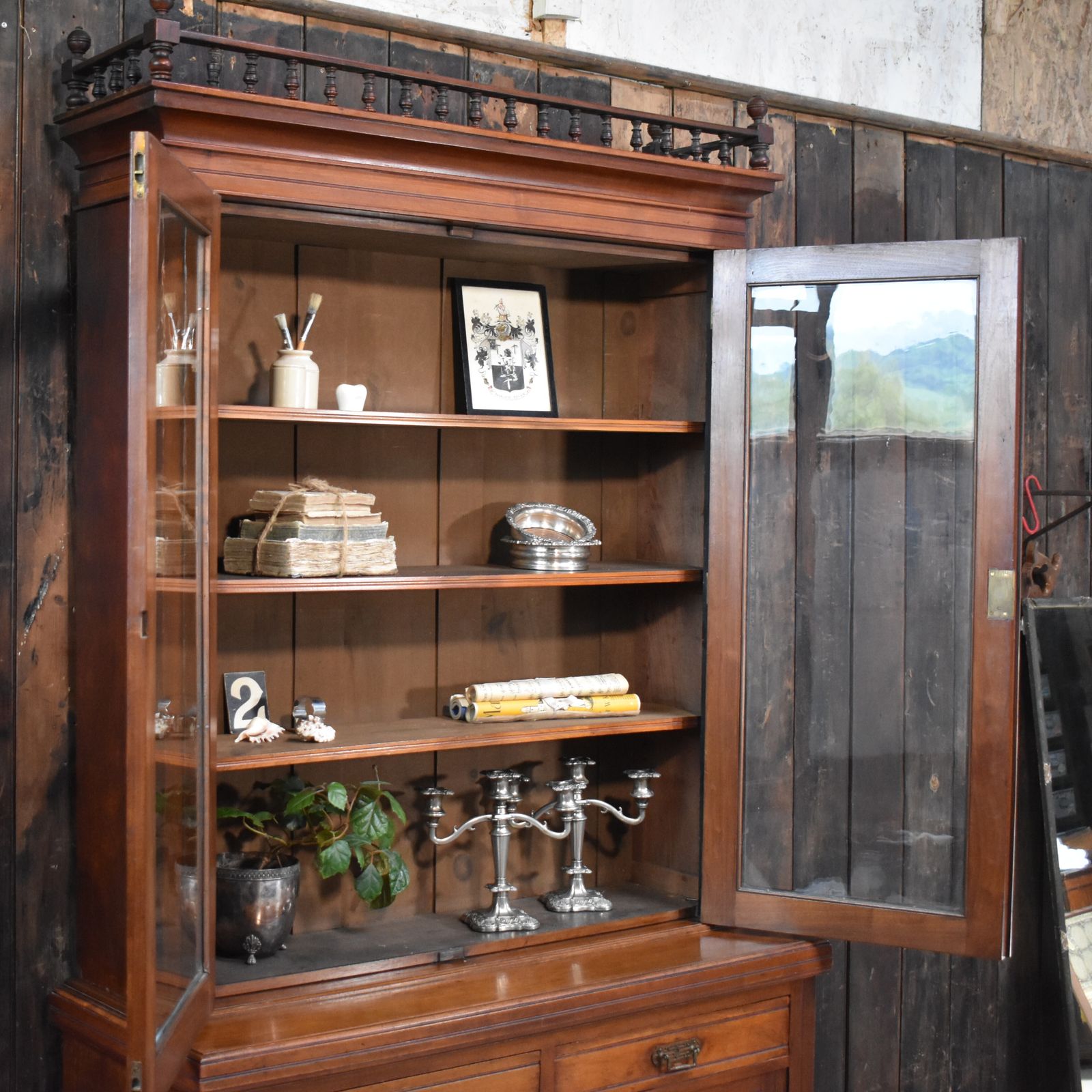 Antique Victorian Walnut Gallery Top Glazed Bookcase Display Cabinet Dresser photo for sale