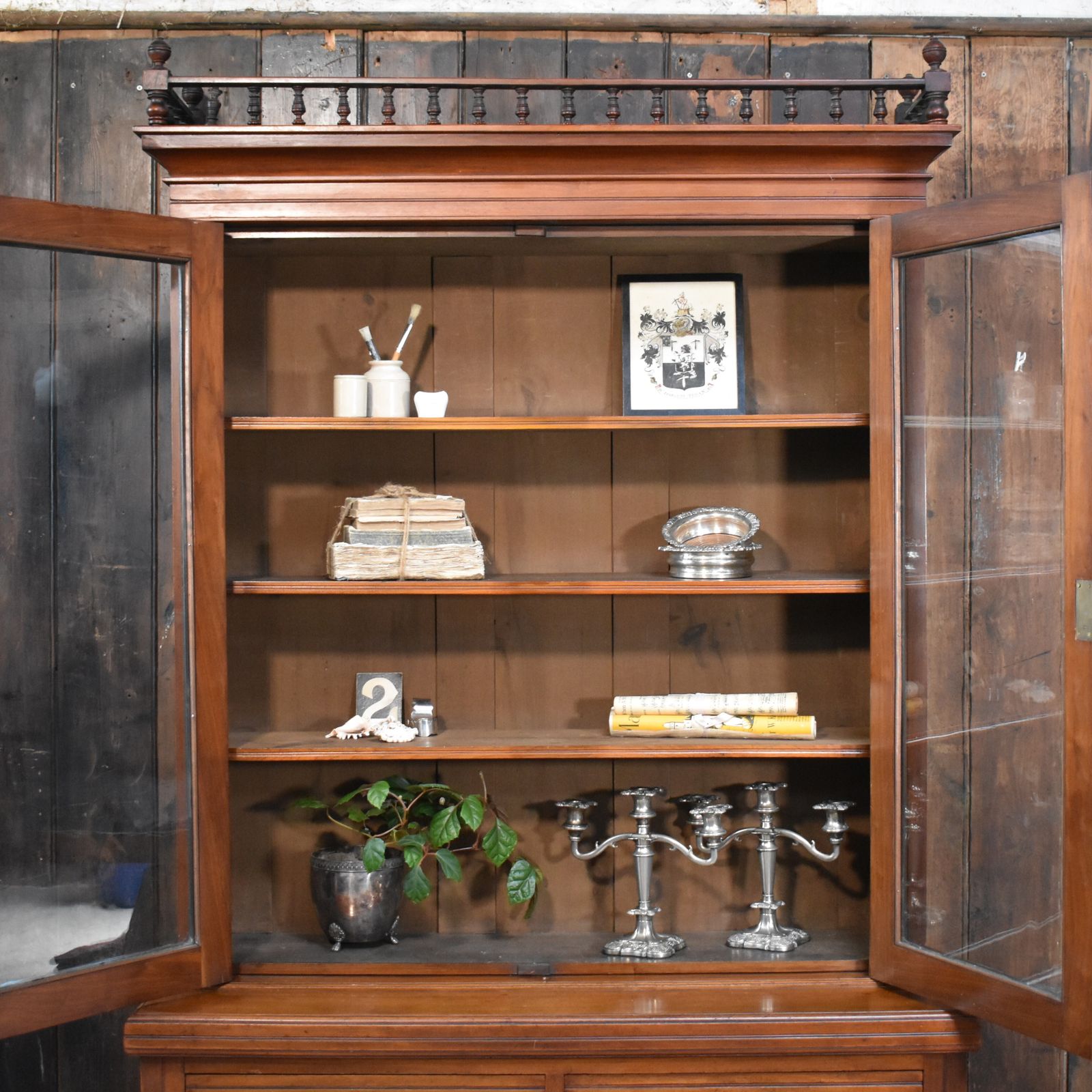 Furniture Antique Victorian Walnut Gallery Top Glazed Bookcase Display Cabinet Dresser photo