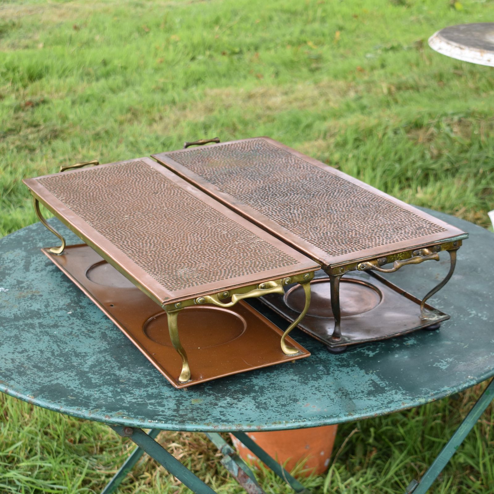 Antique Henry Loveridge Repousse Copper & Brass Warmer Plant Display Stand Pair photo for sale