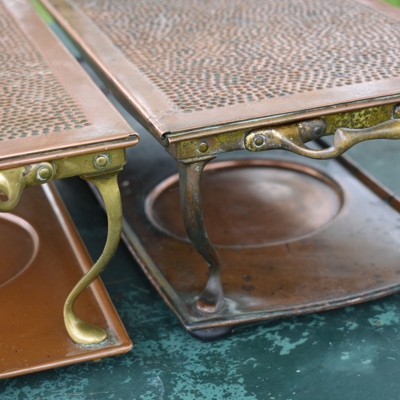 Antique Henry Loveridge Repousse Copper & Brass Warmer Plant Display Stand Pair photo vintage